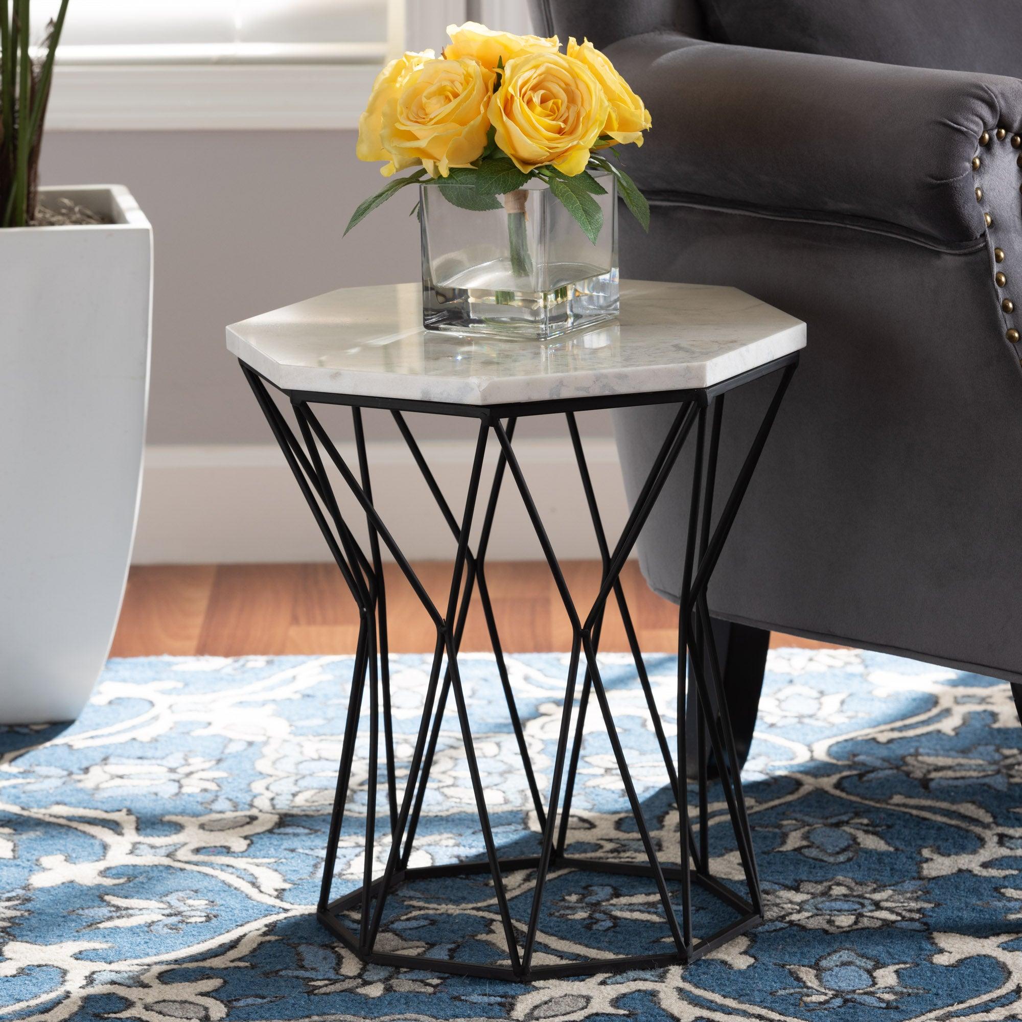 Venedict Modern and Contemporary Metal End Table with Marble Tabletop