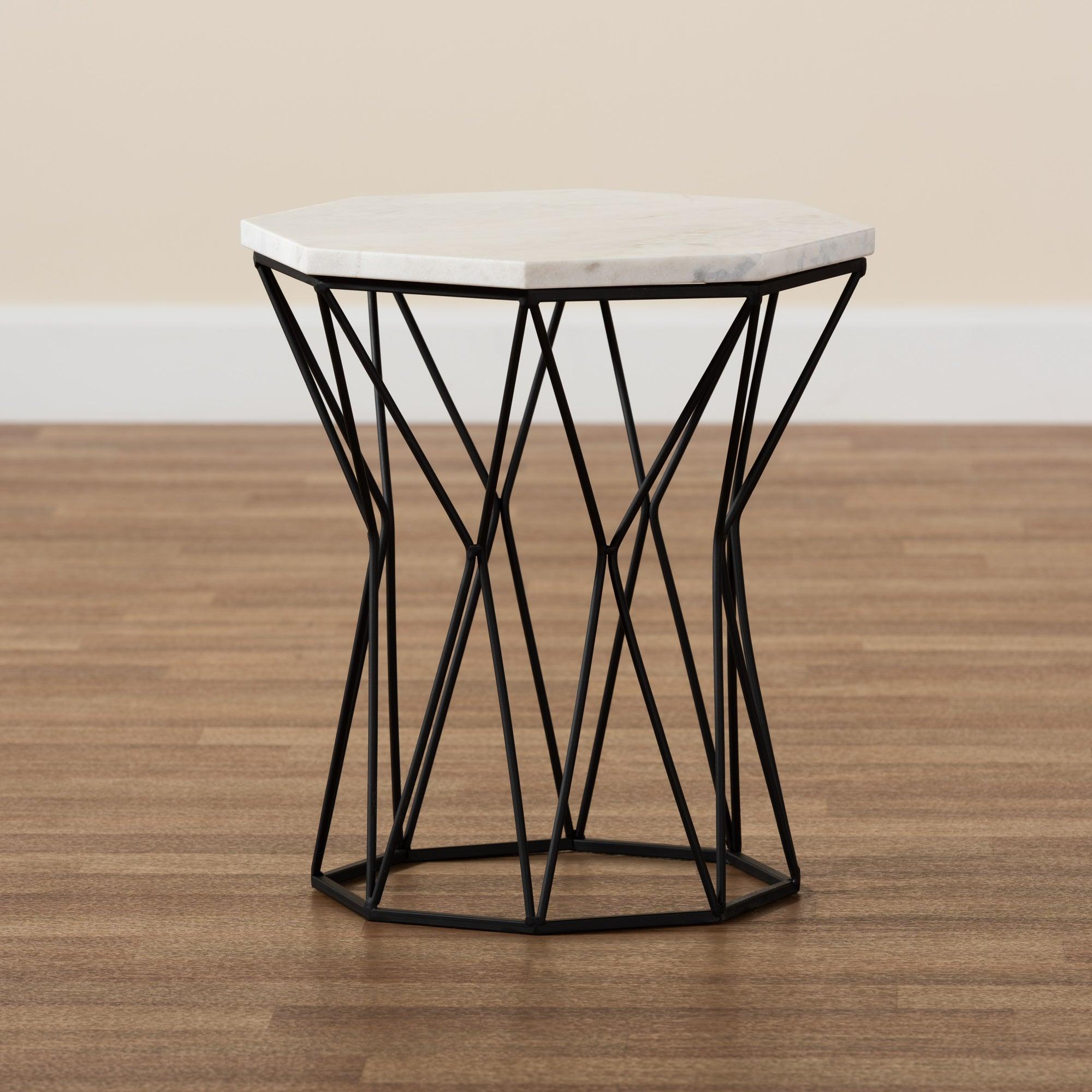 Venedict Modern and Contemporary Metal End Table with Marble Tabletop