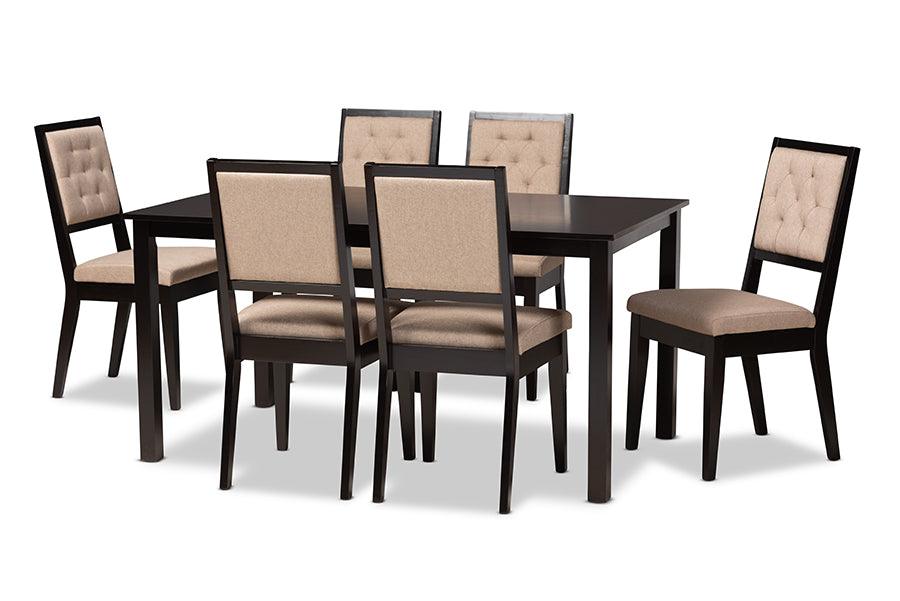 Suvi Modern and Contemporary Sand Fabric Upholstered and Finished Wood 7-Piece Dining Set