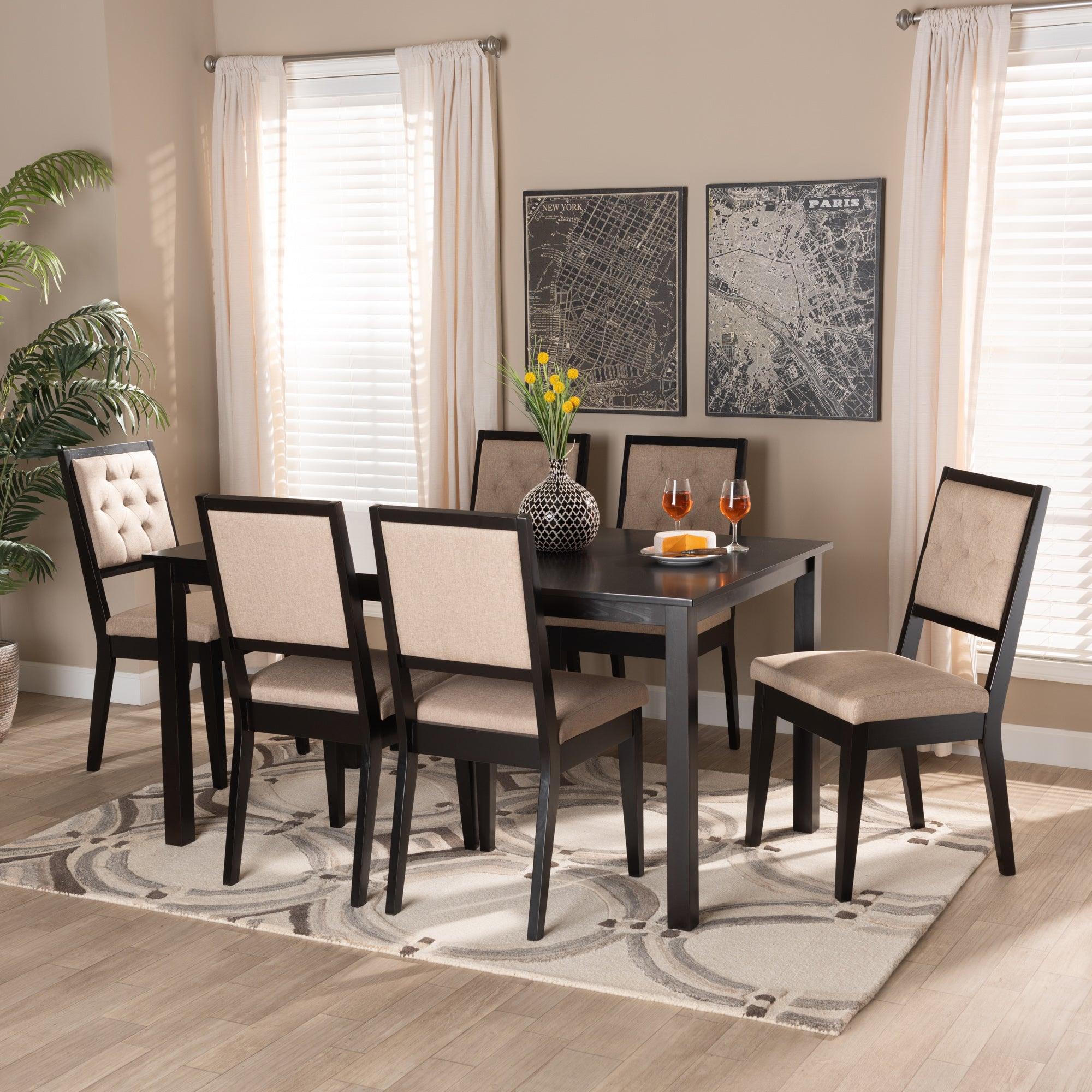 Suvi Modern and Contemporary Sand Fabric Upholstered and Finished Wood 7-Piece Dining Set
