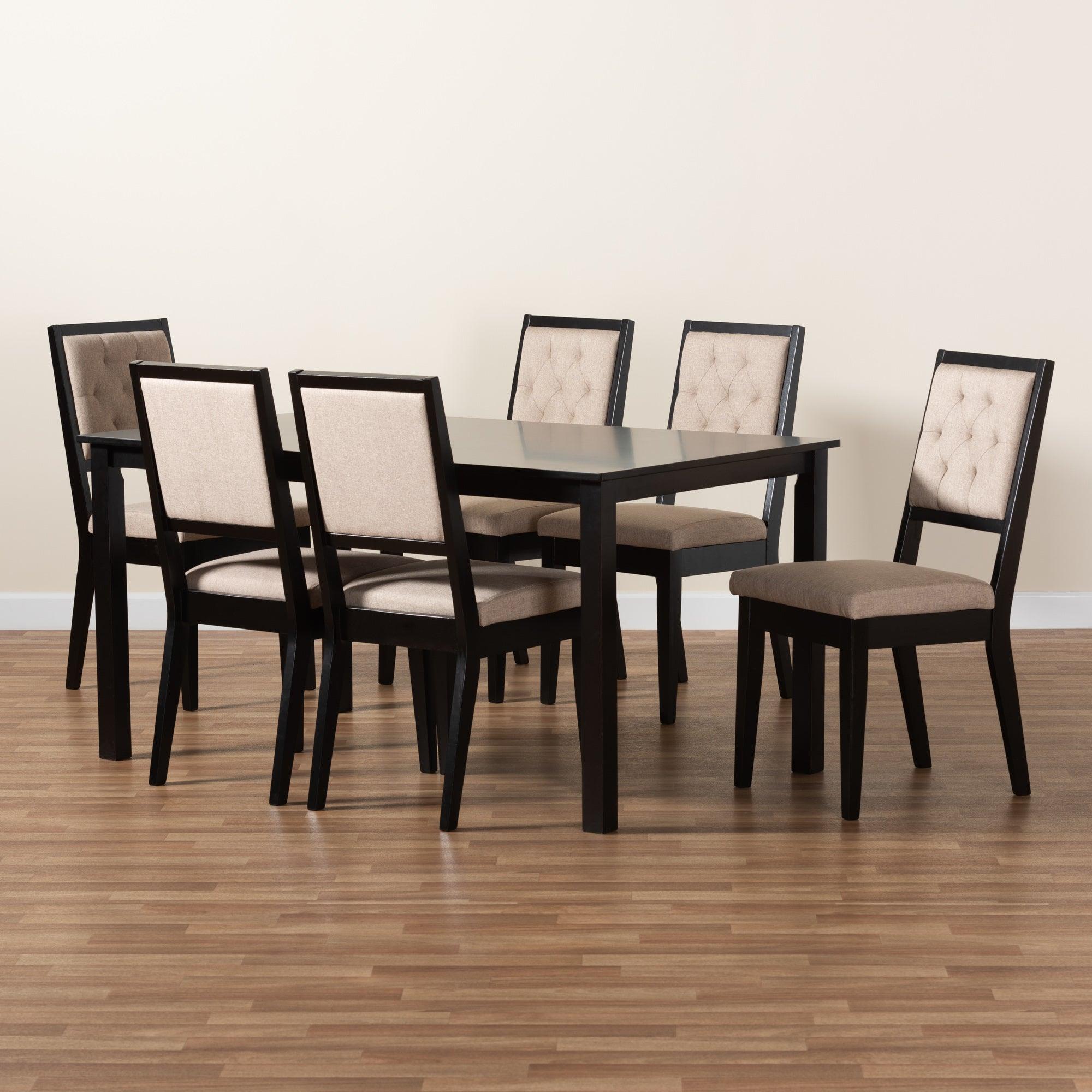 Suvi Modern and Contemporary Sand Fabric Upholstered and Finished Wood 7-Piece Dining Set