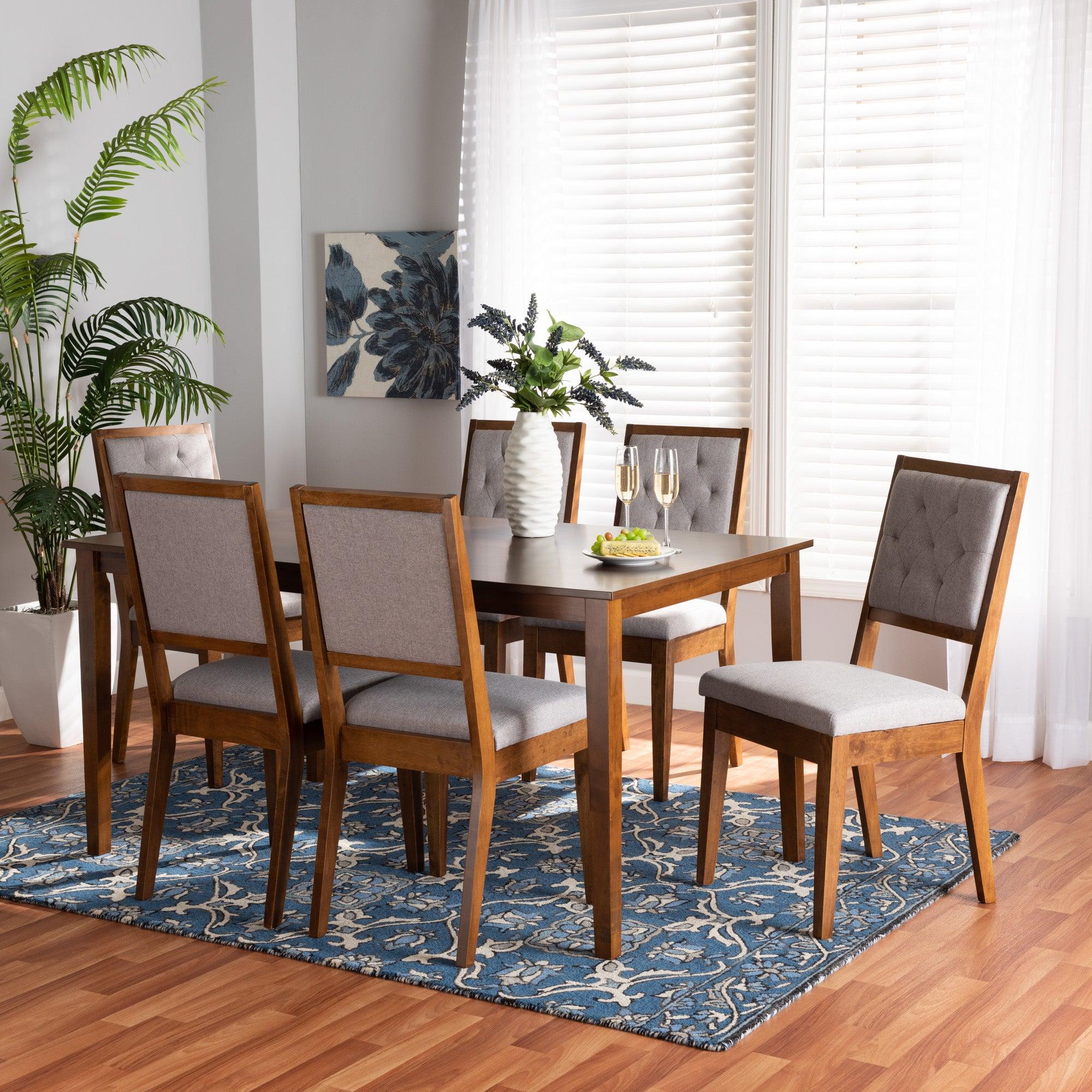 Suvi Modern and Contemporary Fabric Upholstered and Finished Wood 7-Piece Dining Set