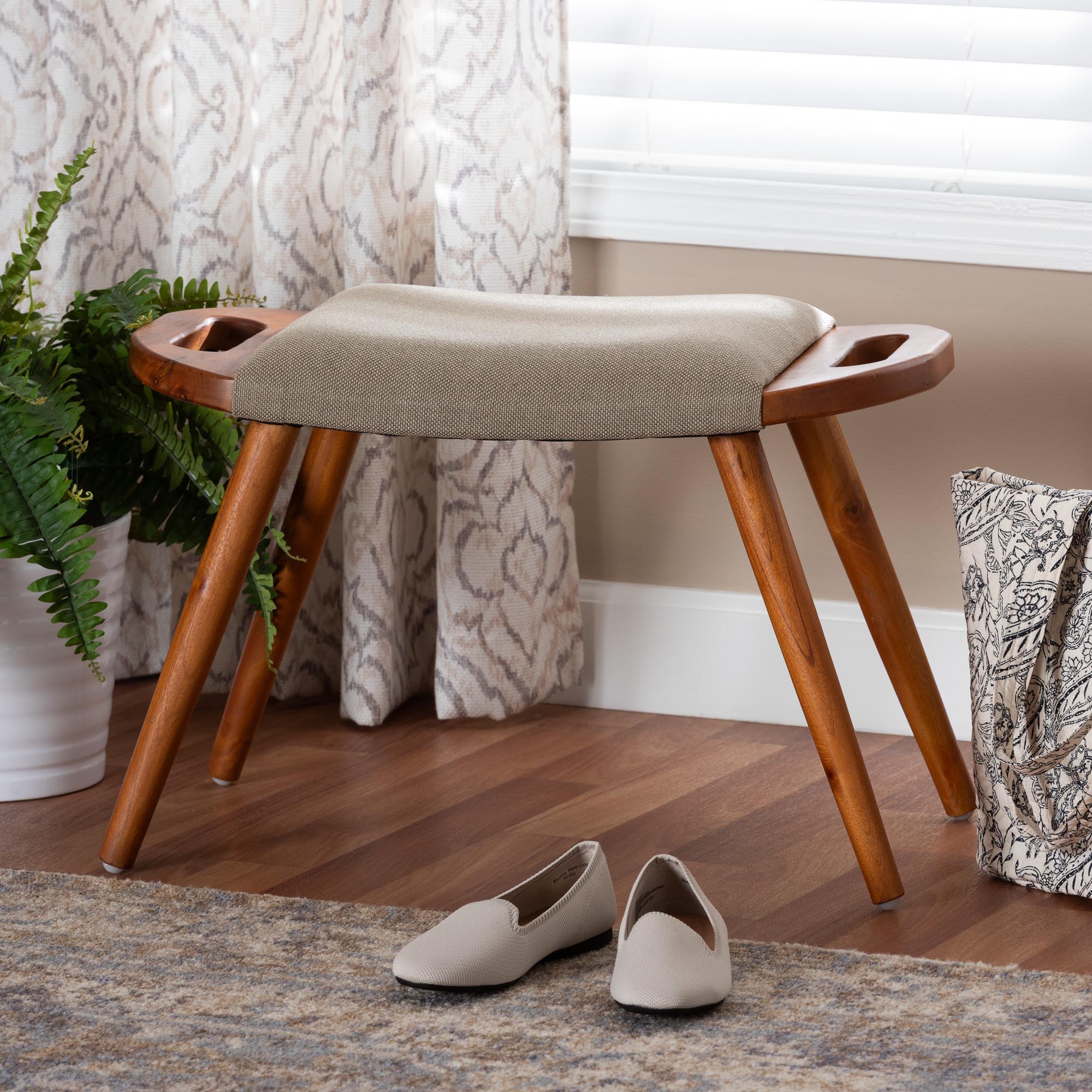 Banner Mid-Century Modern Light Fabric Upholstered and Finished Wood Accent Bench