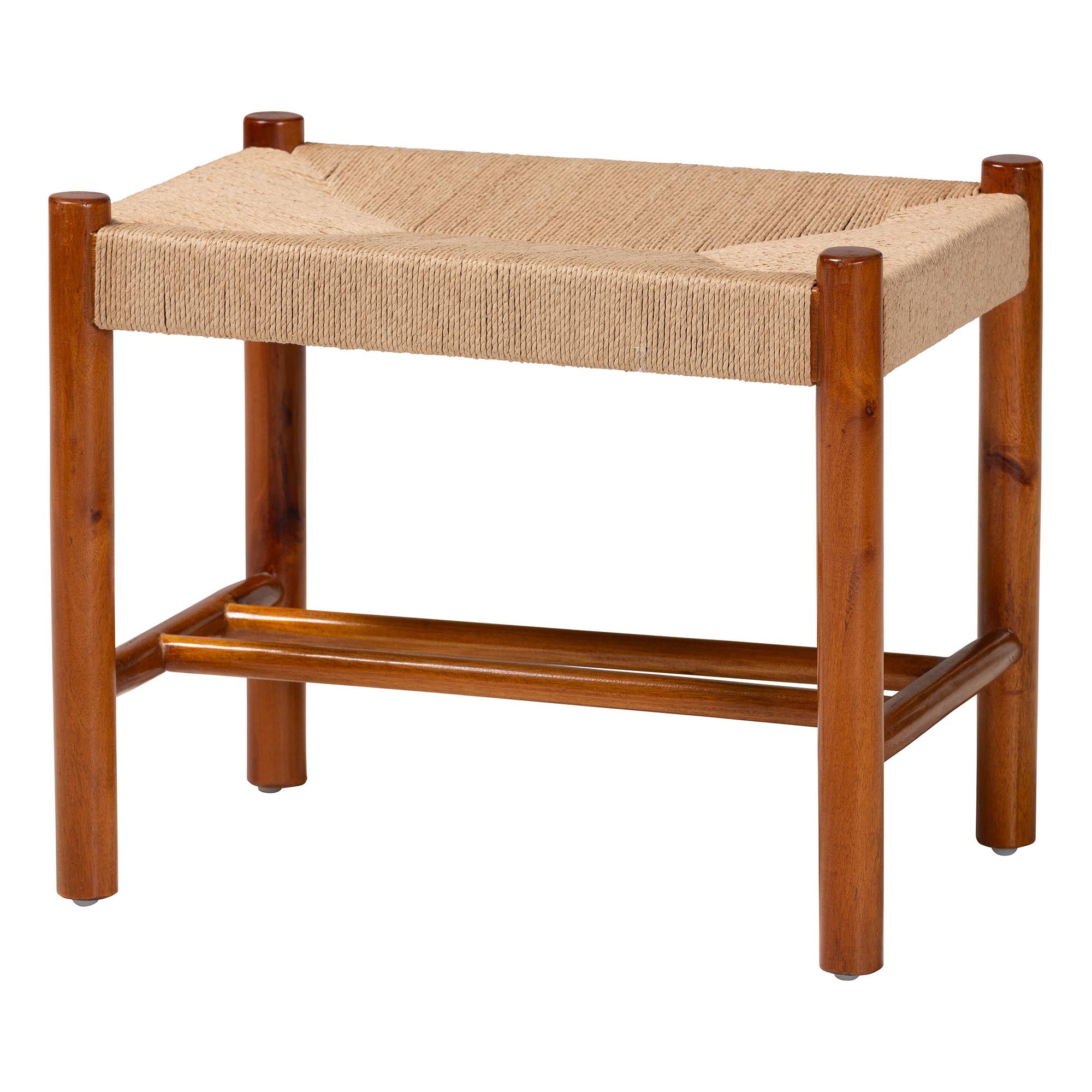 Saura Mid-Century Modern Finished Wood and Hemp Accent Bench