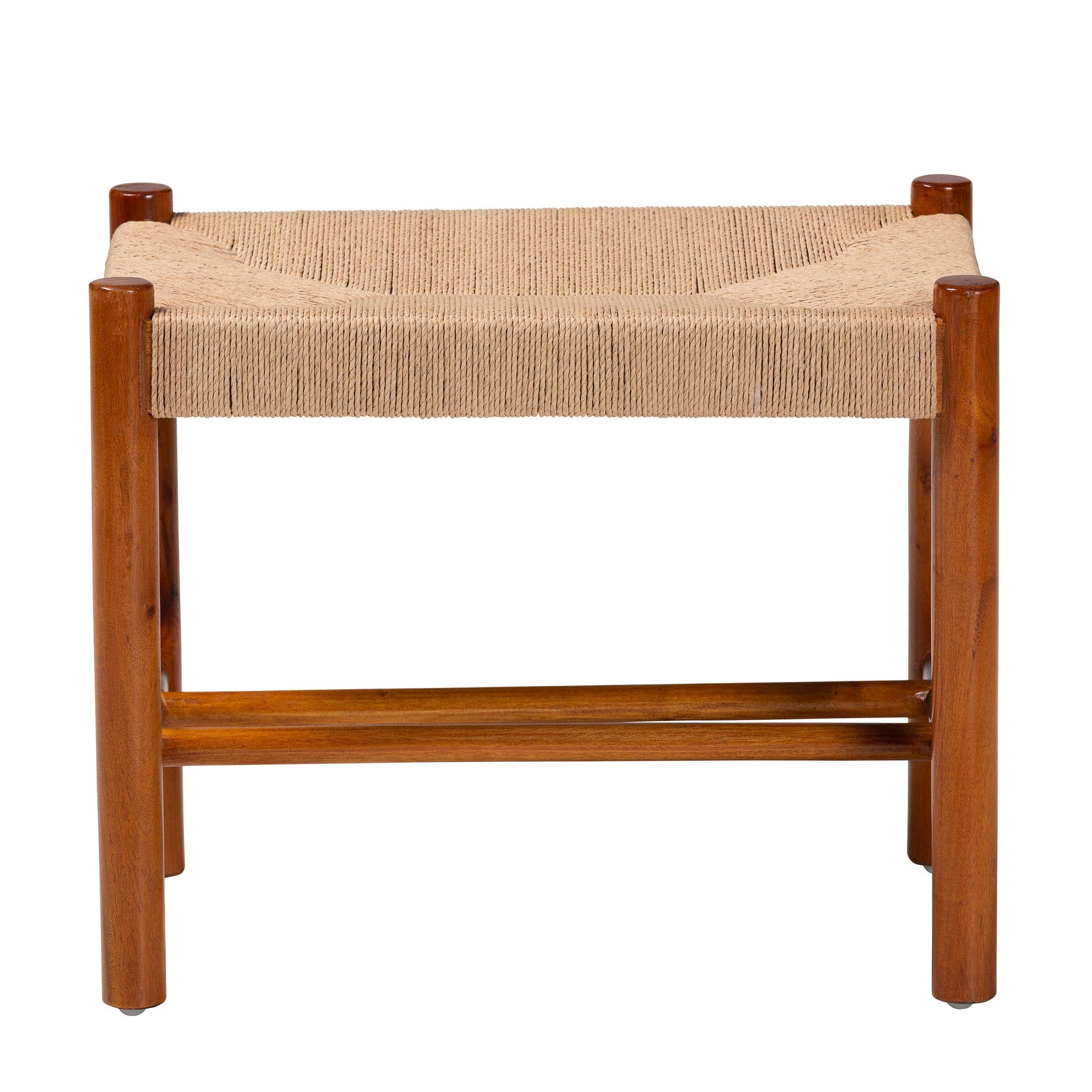 Saura Mid-Century Modern Finished Wood and Hemp Accent Bench