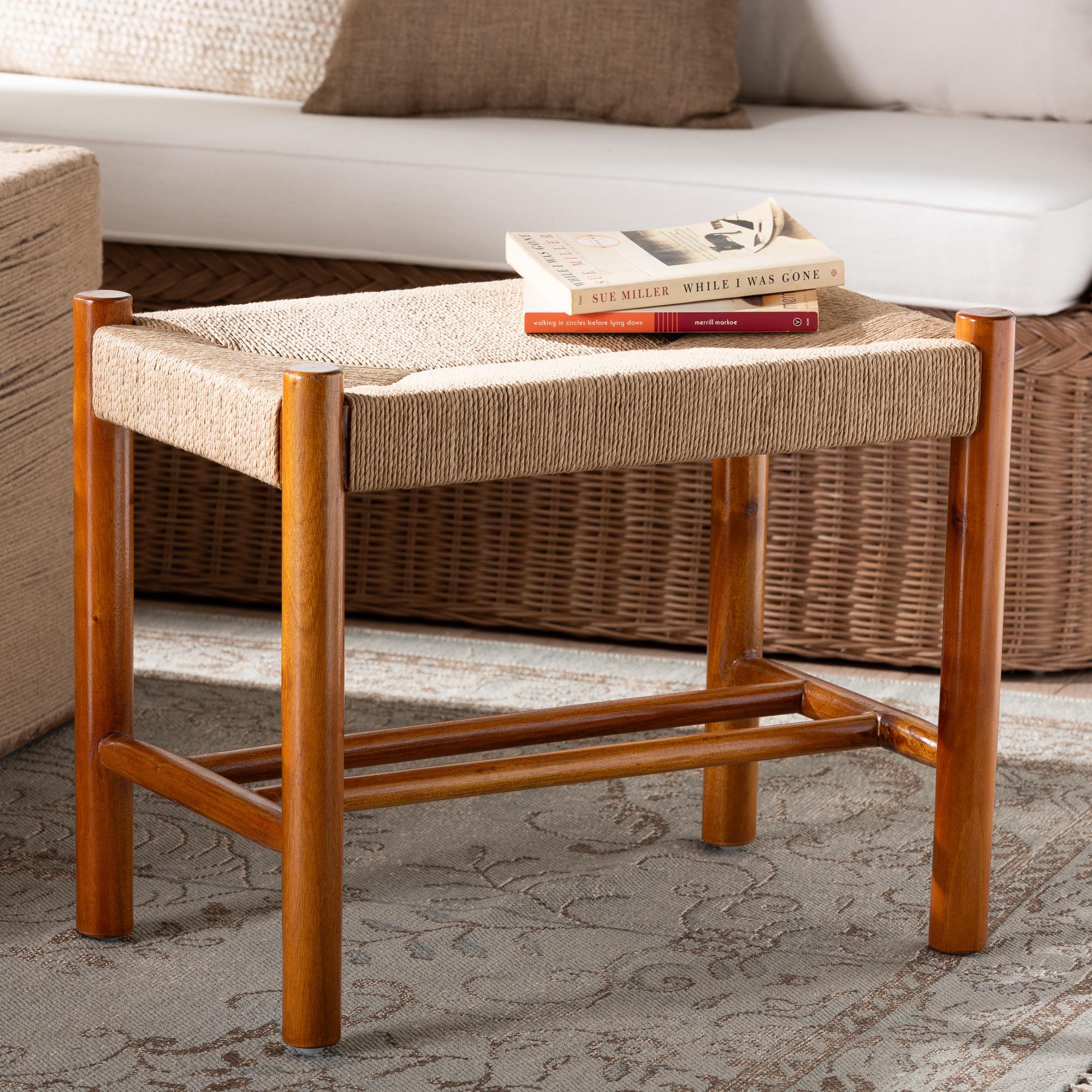 Saura Mid-Century Modern Finished Wood and Hemp Accent Bench