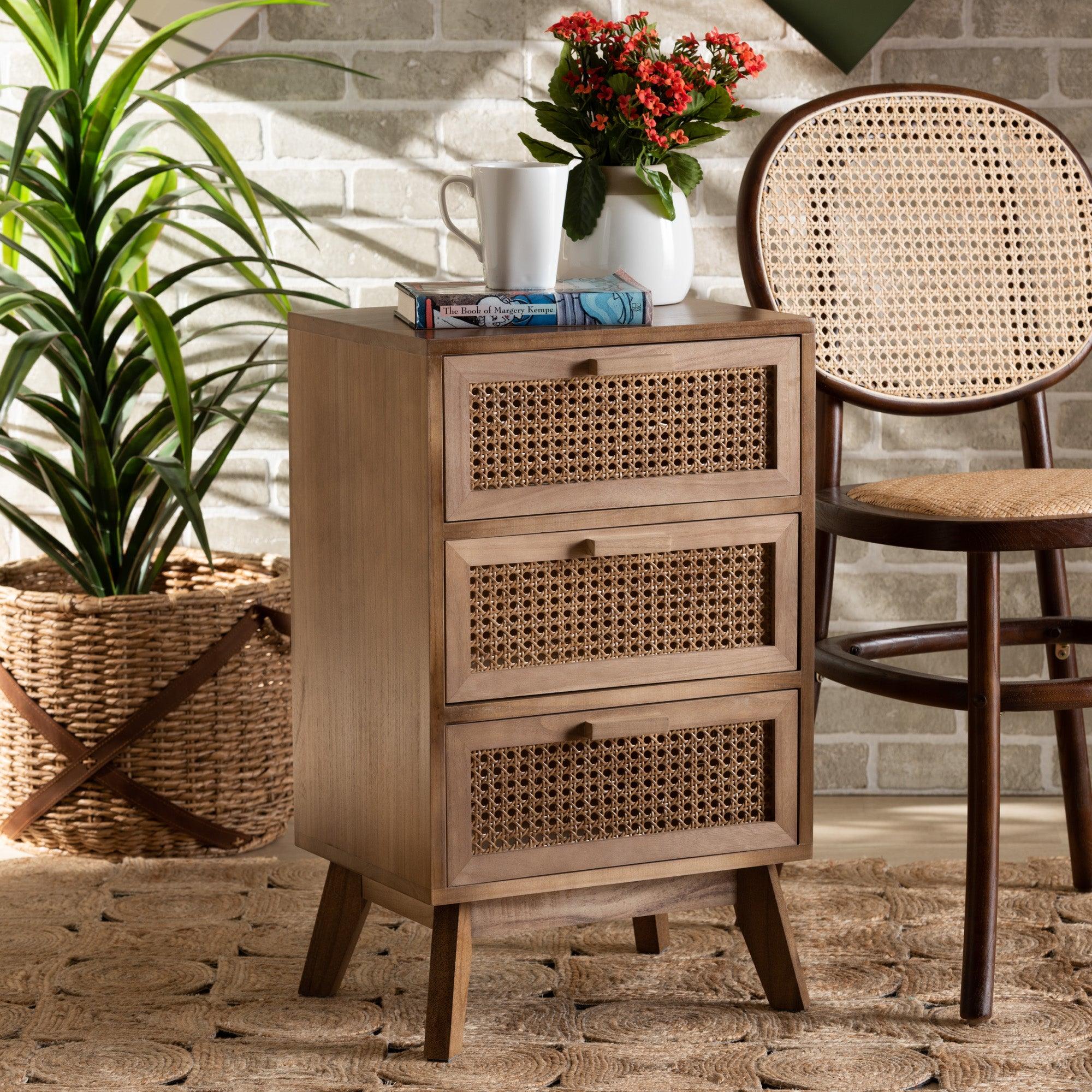 Baden Mid-Century Modern Finished Wood 3-Drawer End Table with Rattan