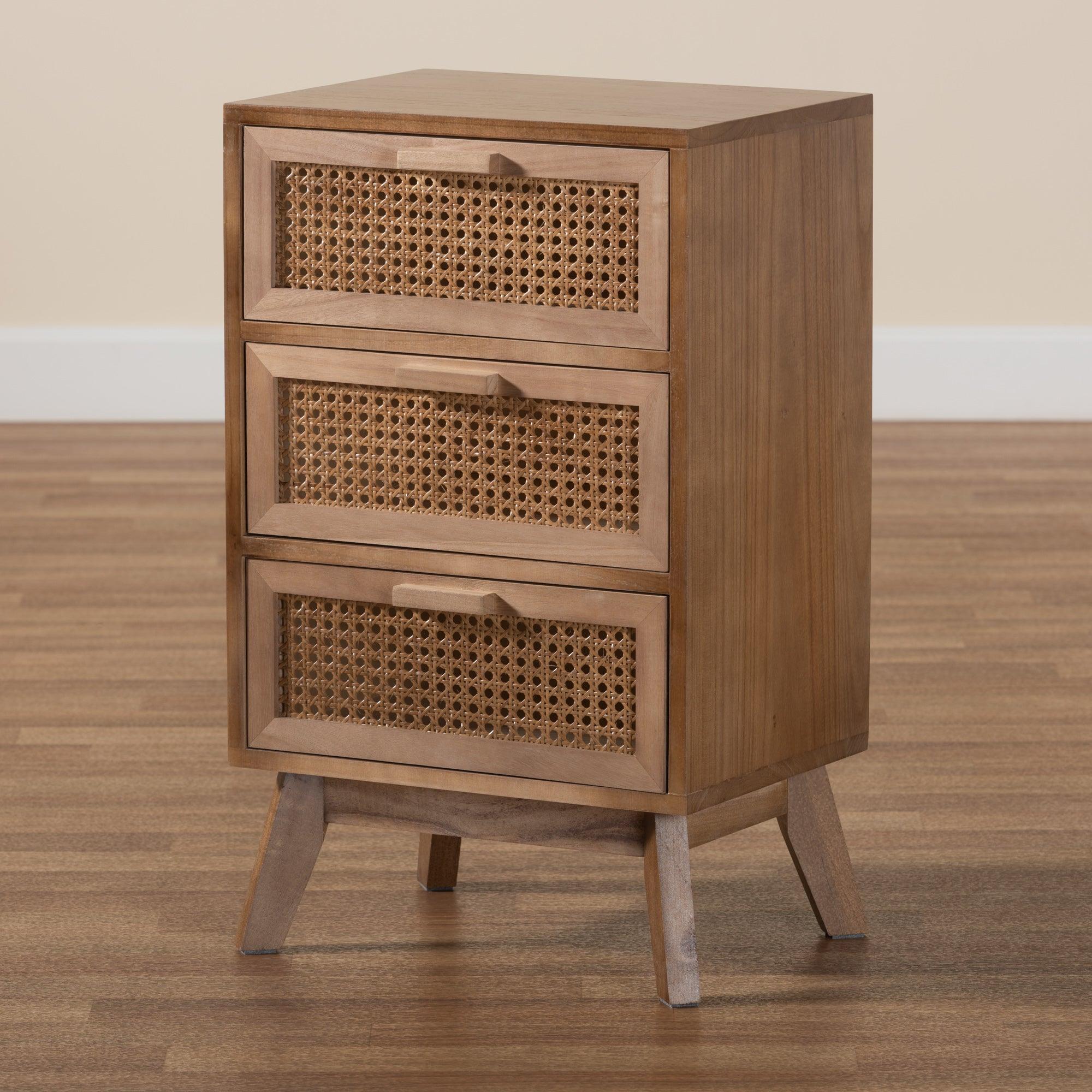 Baden Mid-Century Modern Finished Wood 3-Drawer End Table with Rattan