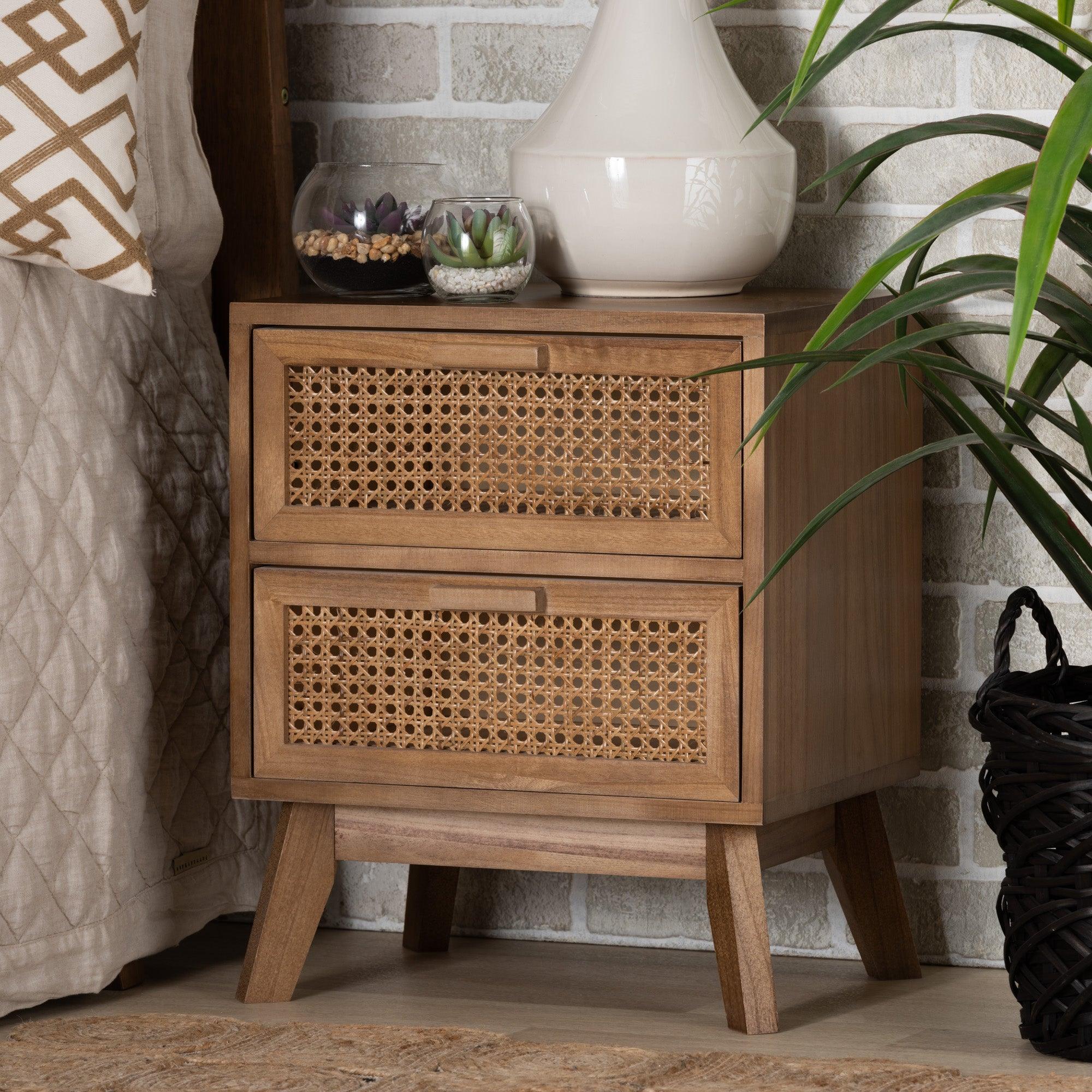Baden Mid-Century Modern Finished Wood 2-Drawer End Table with Rattan