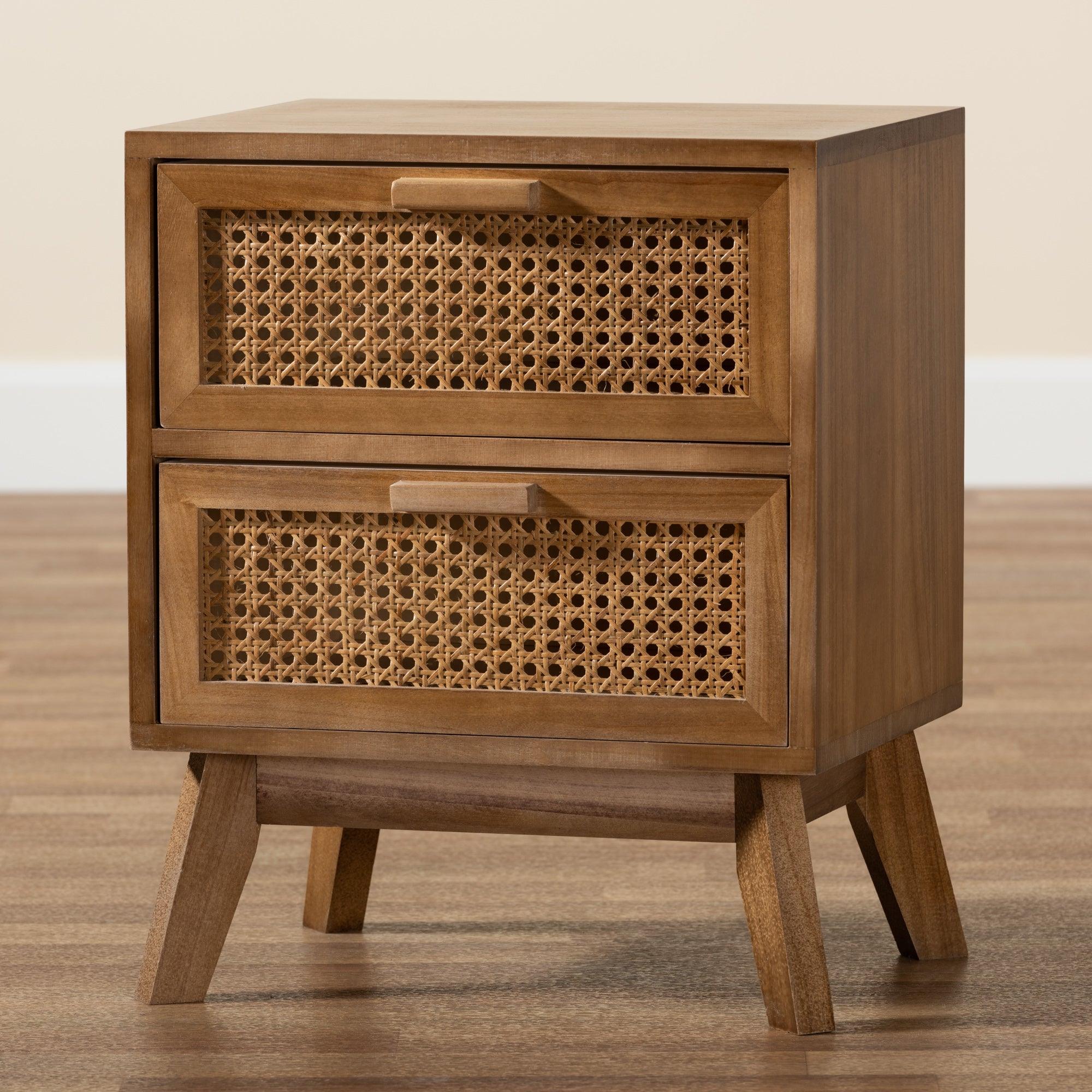 Baden Mid-Century Modern Finished Wood 2-Drawer End Table with Rattan