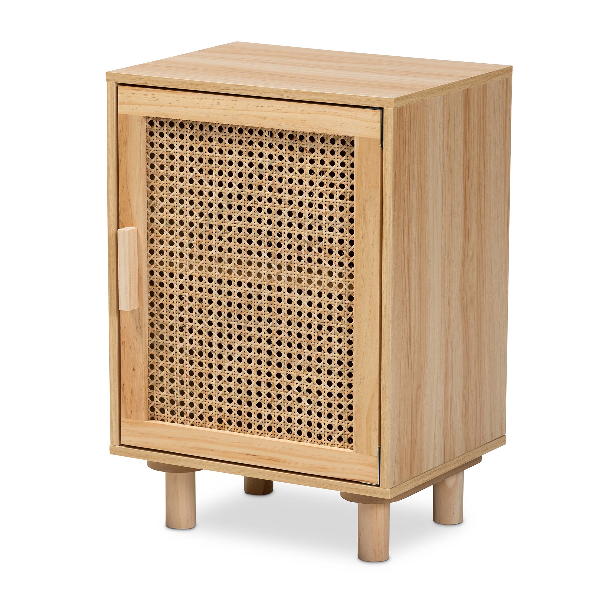 Maclean Mid-Century Modern Rattan and Finished Wood 1-Door End Table