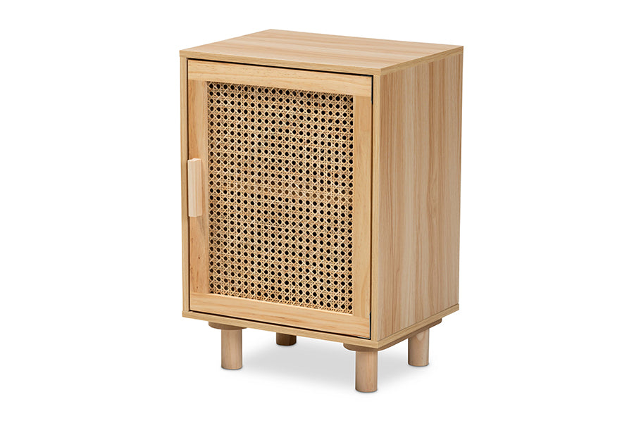 Maclean Mid-Century Modern Rattan and Finished Wood 1-Door End Table