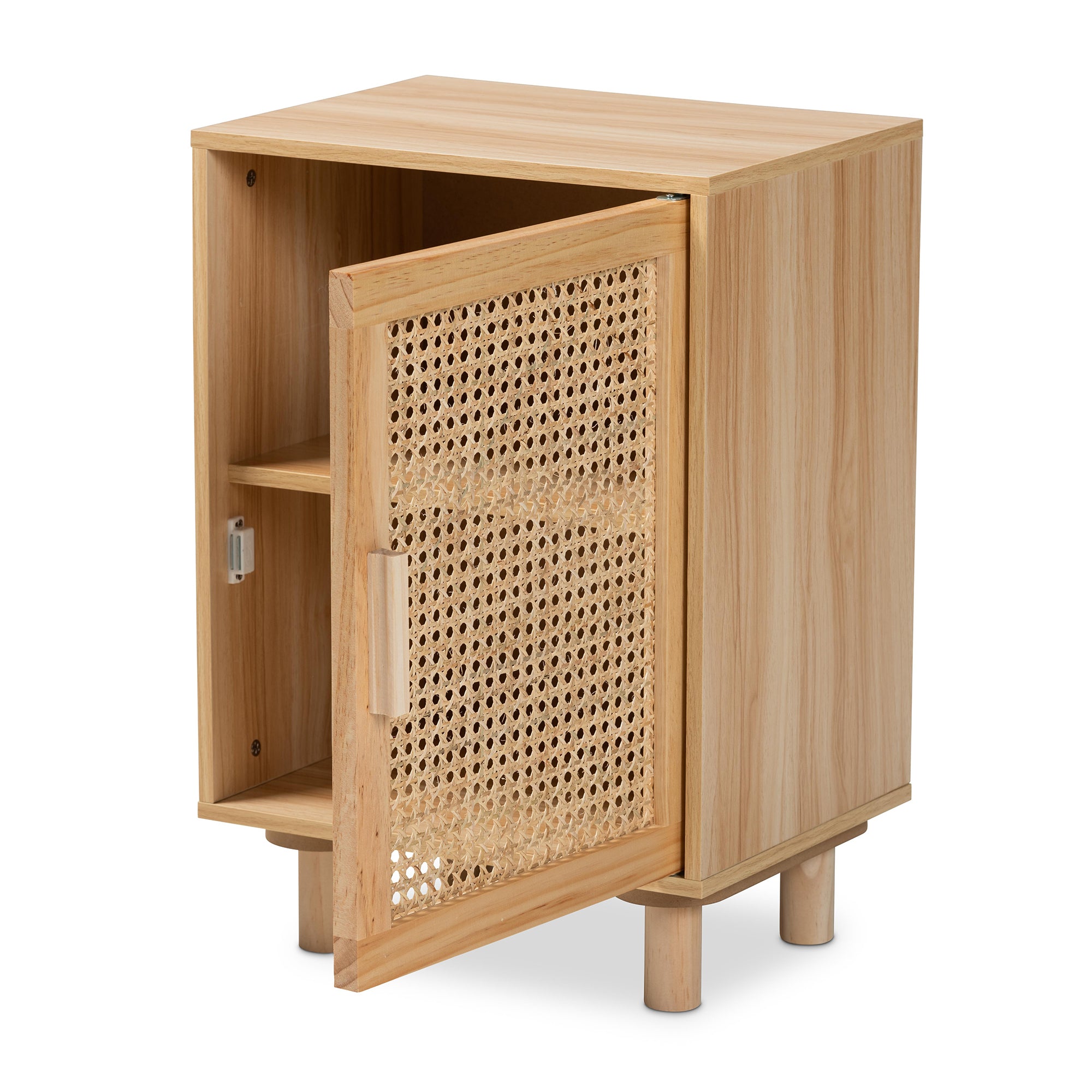 Maclean Mid-Century Modern Rattan and Finished Wood 1-Door End Table