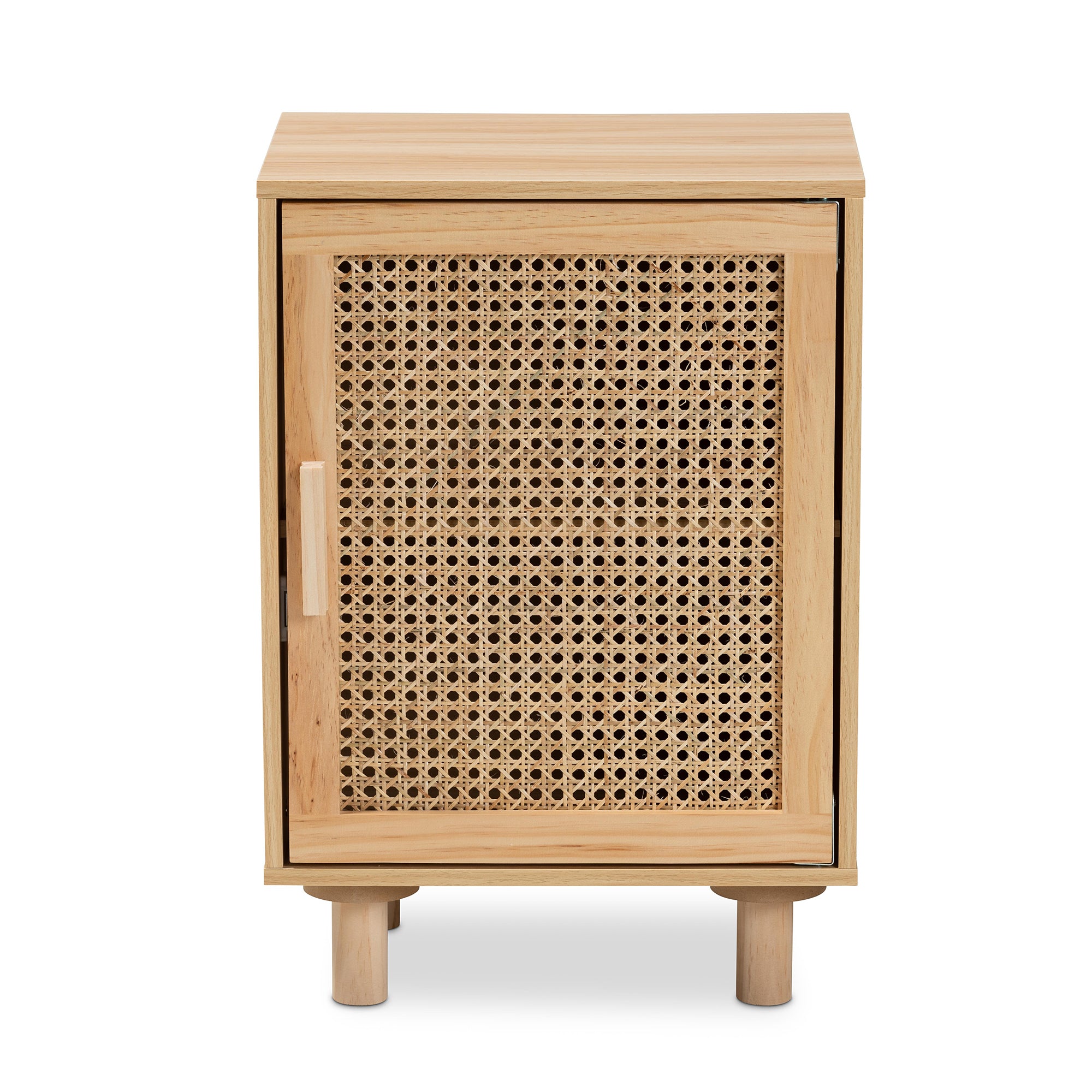 Maclean Mid-Century Modern Rattan and Finished Wood 1-Door End Table