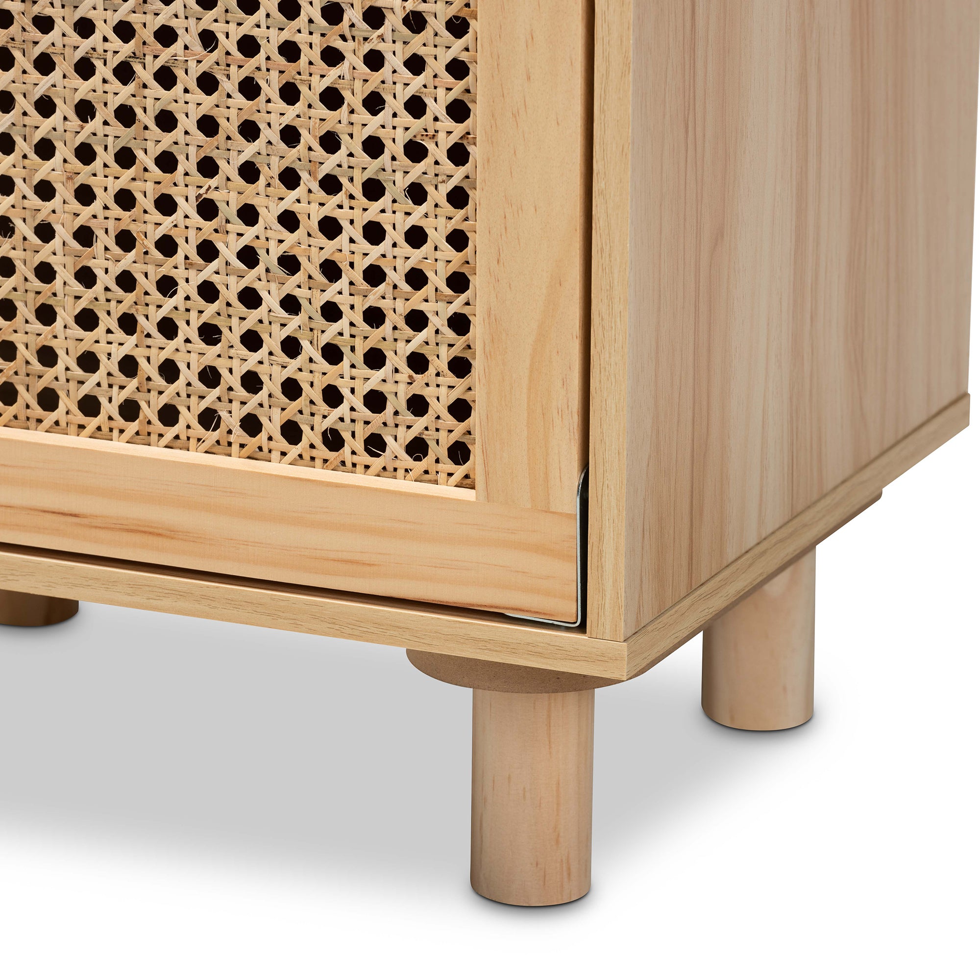 Maclean Mid-Century Modern Rattan and Finished Wood 1-Door End Table