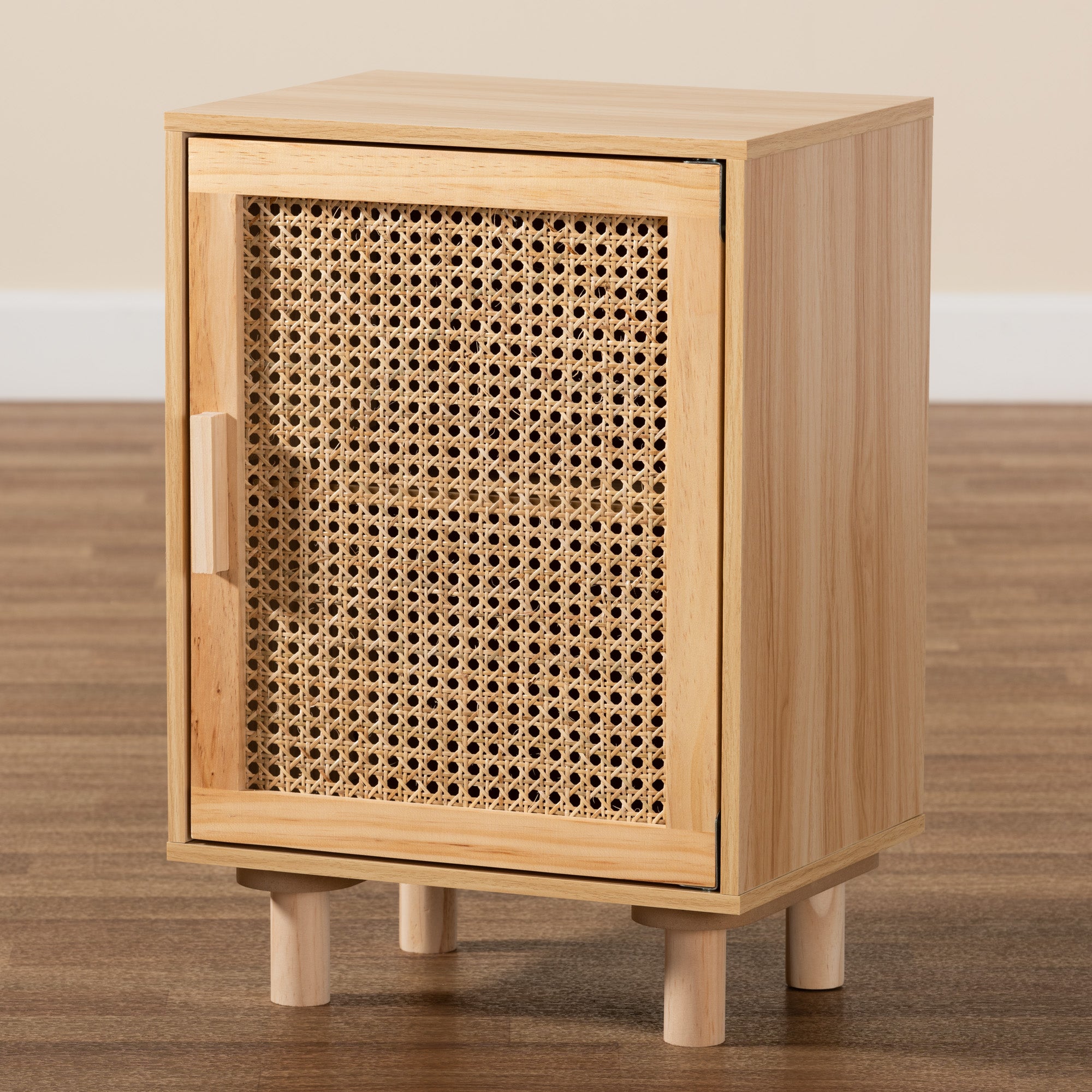 Maclean Mid-Century Modern Rattan and Finished Wood 1-Door End Table