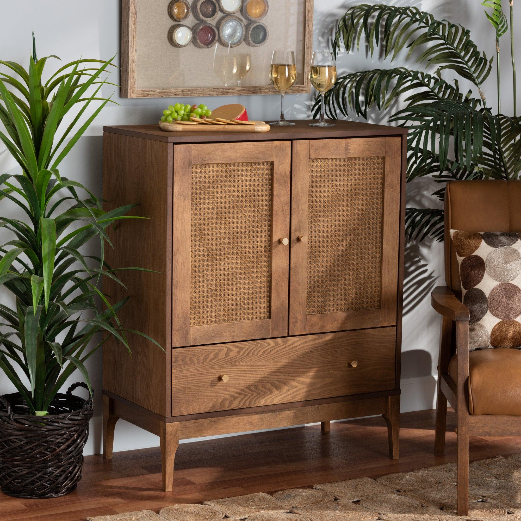 Ramiel Mid-Century Modern Ash Finished Wood and Rattan 1-Drawer Sideboard