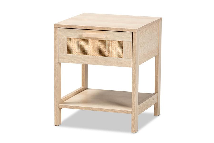 Sebille Mid-Century Modern Light Finished Wood 1-Drawer End Table with Rattan