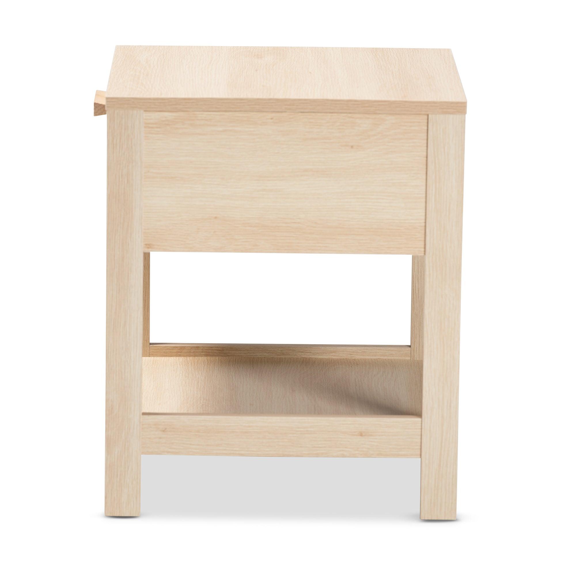 Sebille Mid-Century Modern Light Finished Wood 1-Drawer End Table with Rattan