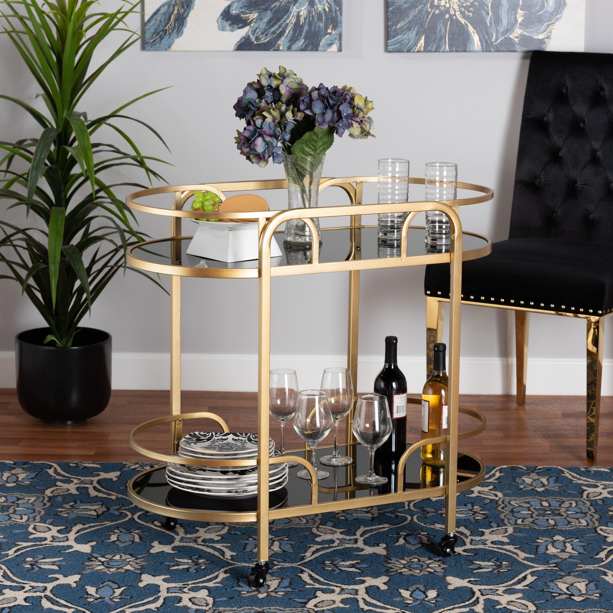 Leighton Contemporary Glam and Luxe Metal and Tempered Glass 2-Tier Wine Cart