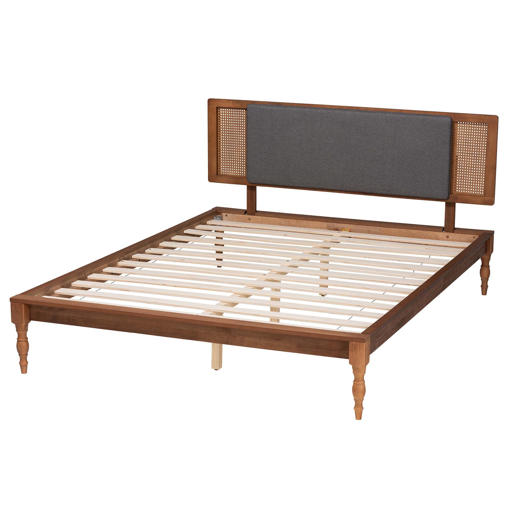 Eliseo Mid-Century Modern Dark Fabric and Finished Wood Platform Bed