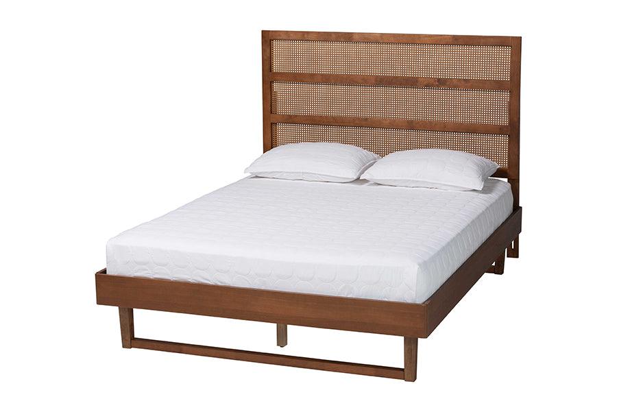 Donnica Mid-Century Finished Wood Platform Bed with Woven Rattan