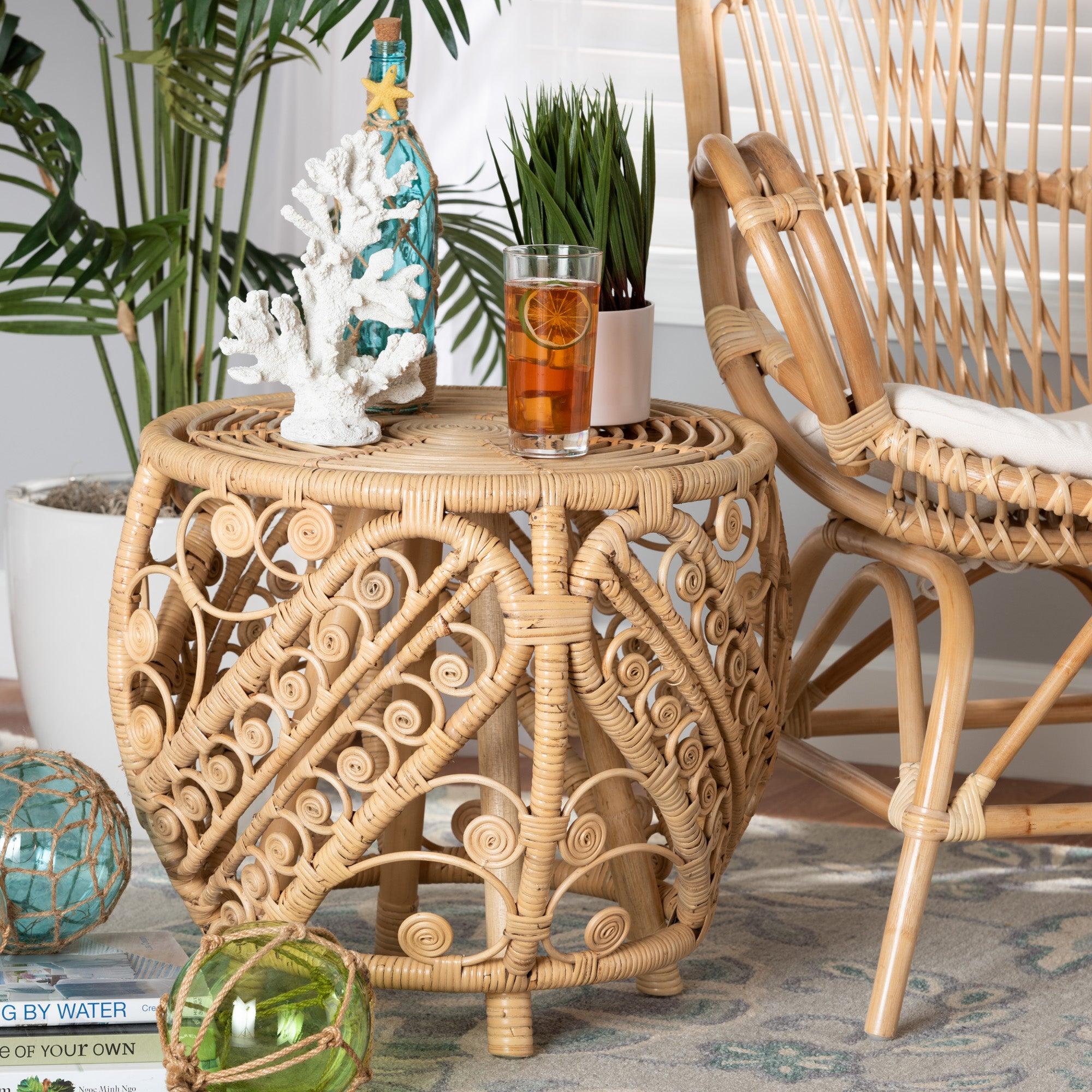 bali & pari Saranna Modern Bohemian Finished Rattan End Table