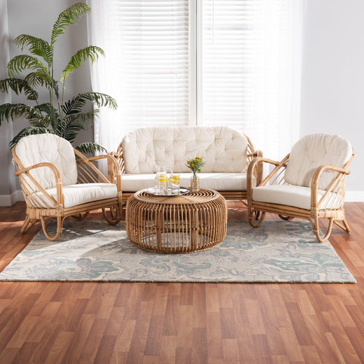 Aliane Modern Bohemian Antique Rattan 4-Piece Living Room Set