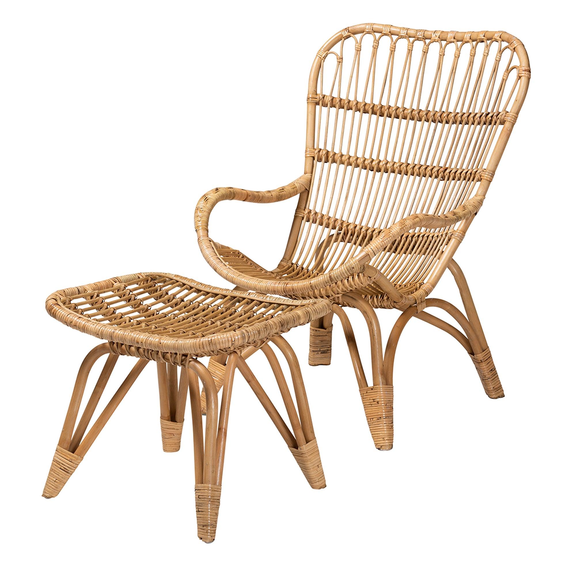 Earvin Modern Bohemian Rattan 2-Piece Armchair and Footstool Set