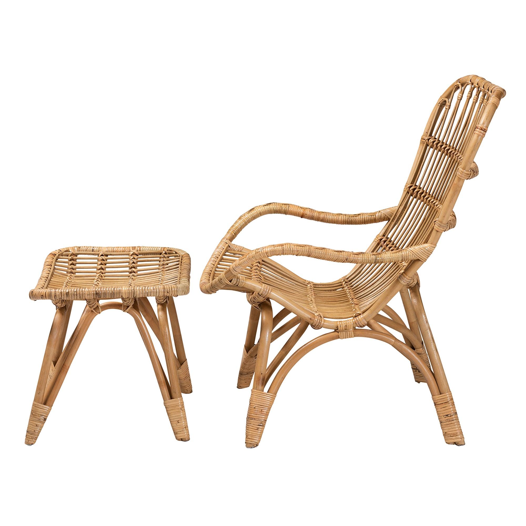 Earvin Modern Bohemian Rattan 2-Piece Armchair and Footstool Set