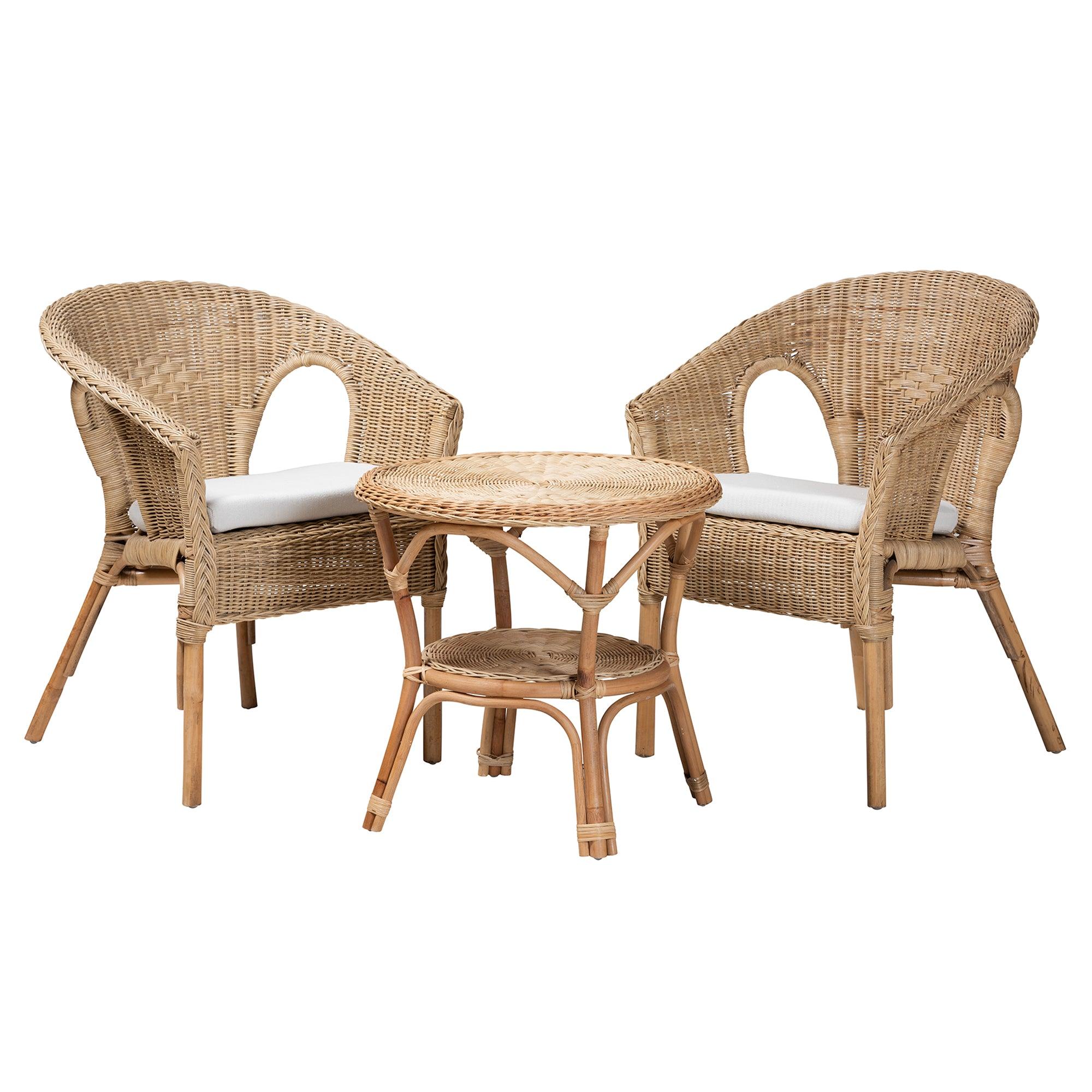 Abbey Modern Bohemian Antique Rattan 3-Piece Living Room Set