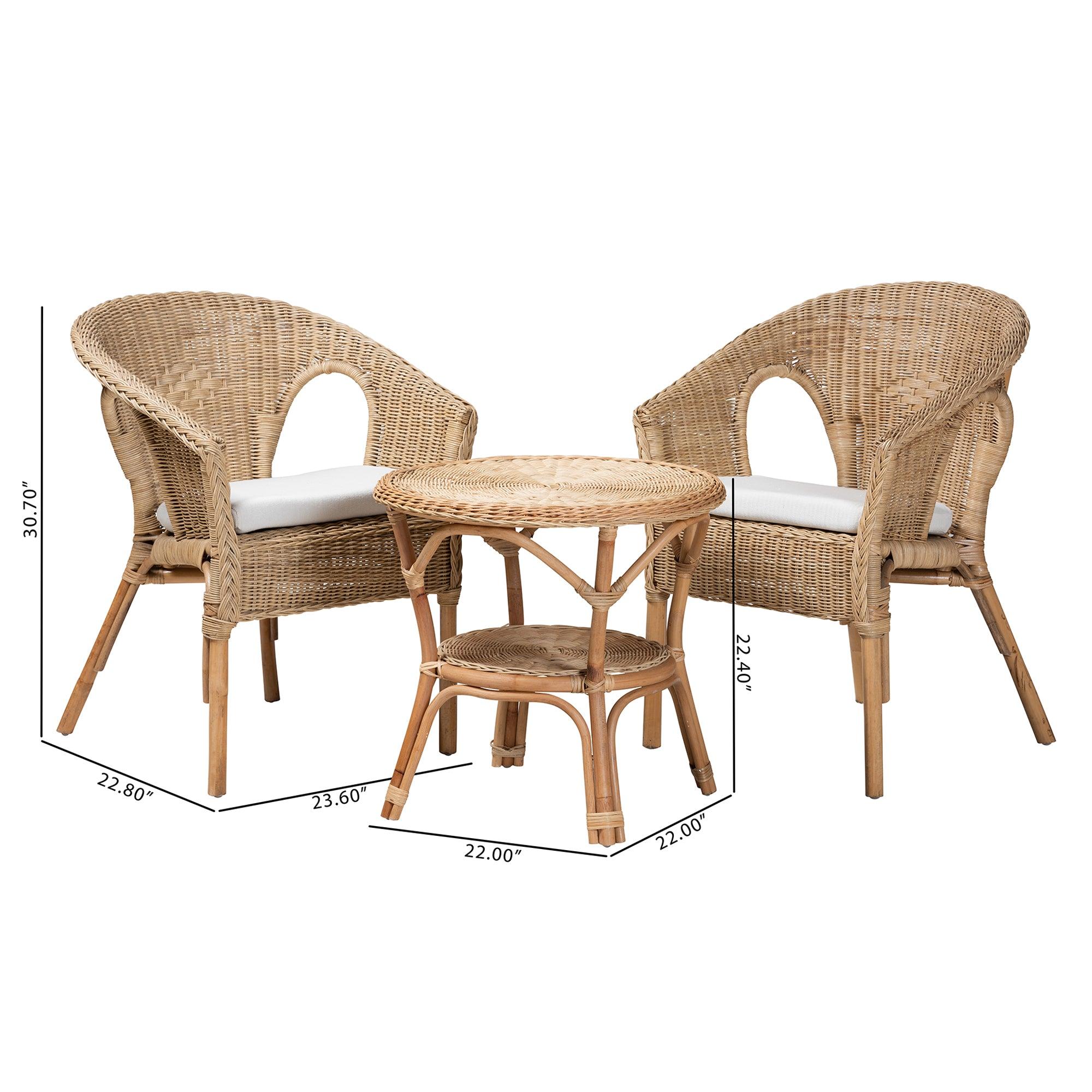 Abbey Modern Bohemian Antique Rattan 3-Piece Living Room Set