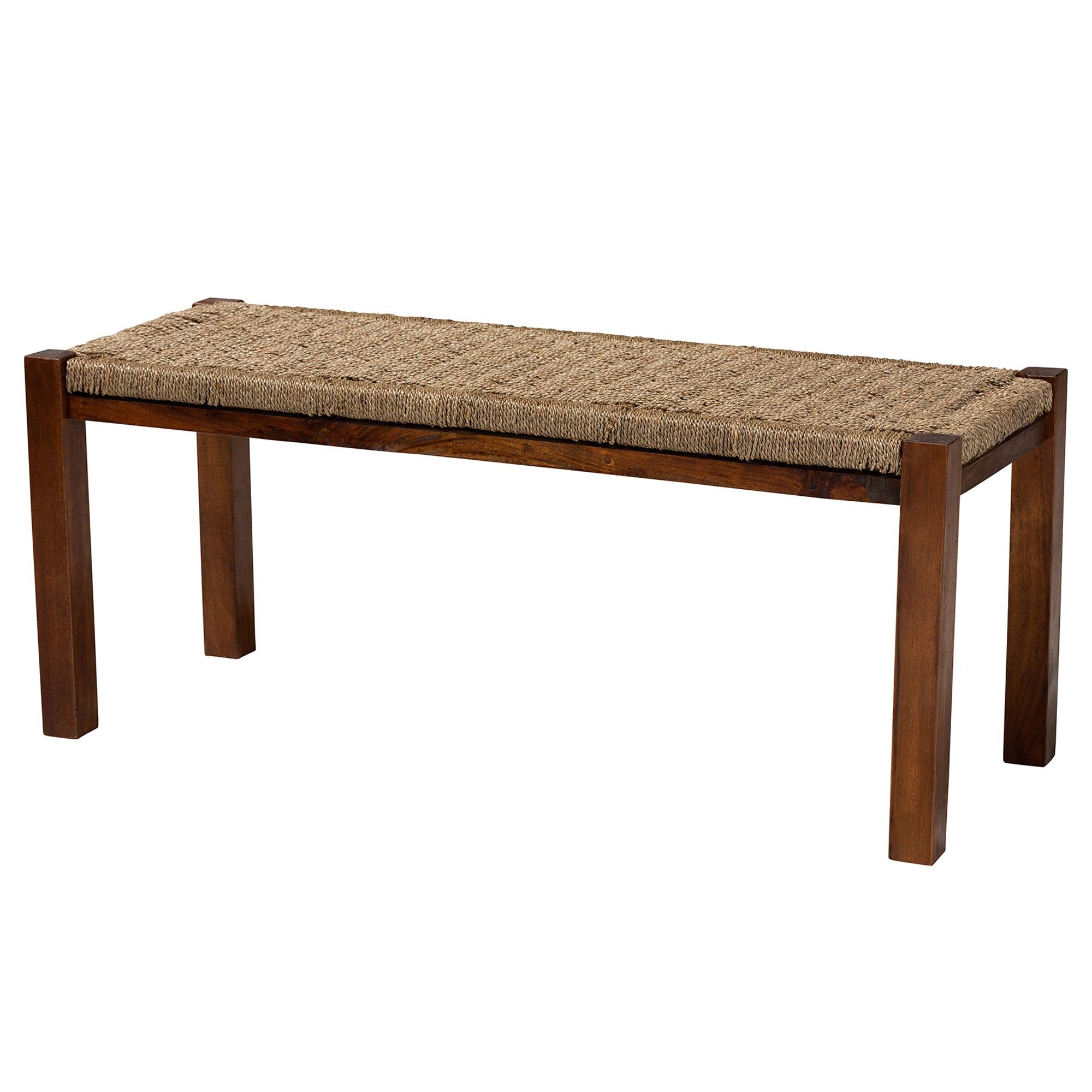 bali & pari Hermes Mid-Century Modern Transitional Seagrass and Mahogany Wood Bench