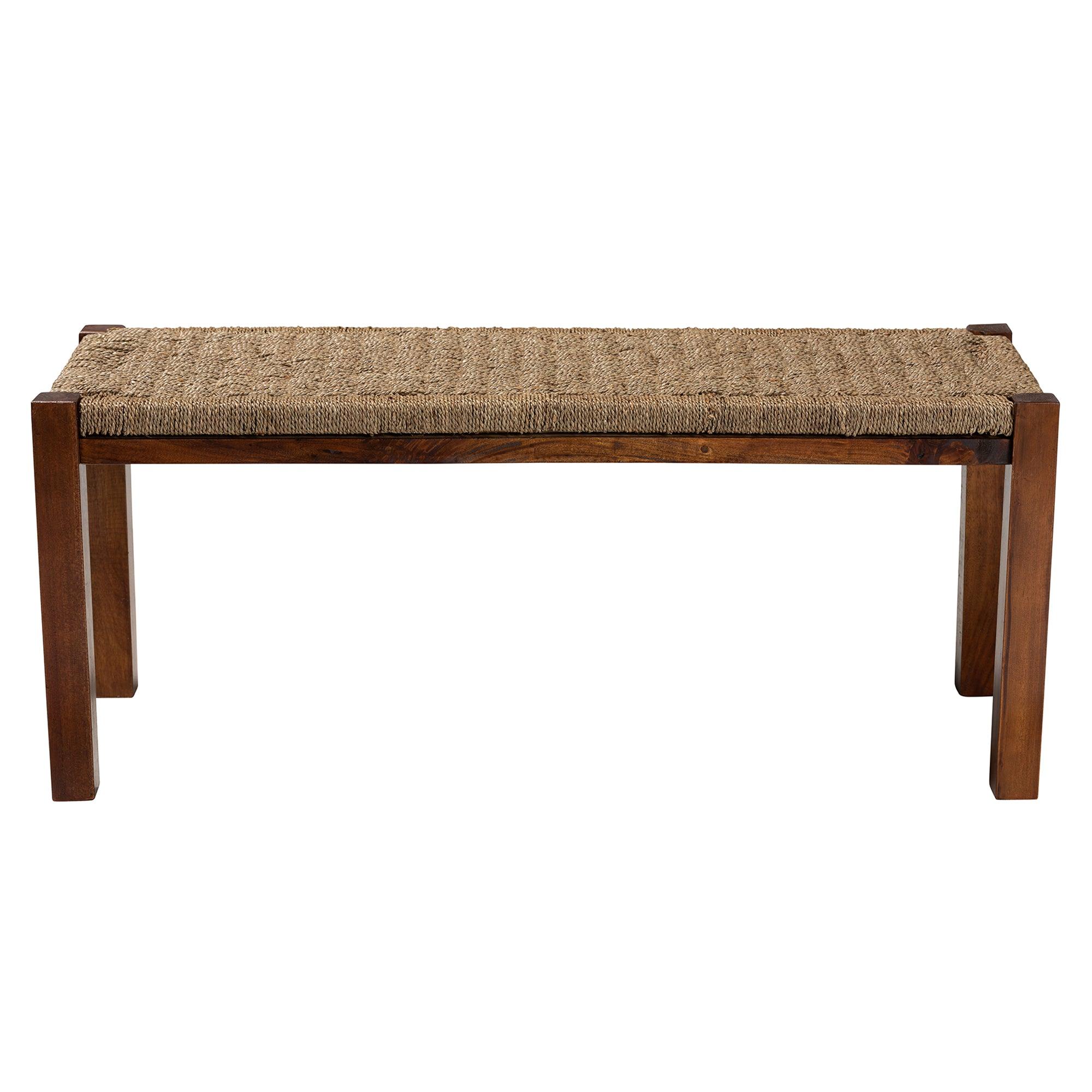 bali & pari Hermes Mid-Century Modern Transitional Seagrass and Mahogany Wood Bench