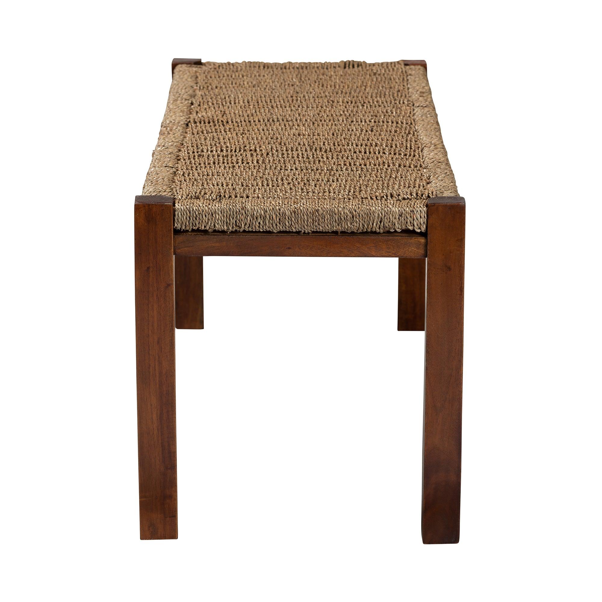bali & pari Hermes Mid-Century Modern Transitional Seagrass and Mahogany Wood Bench