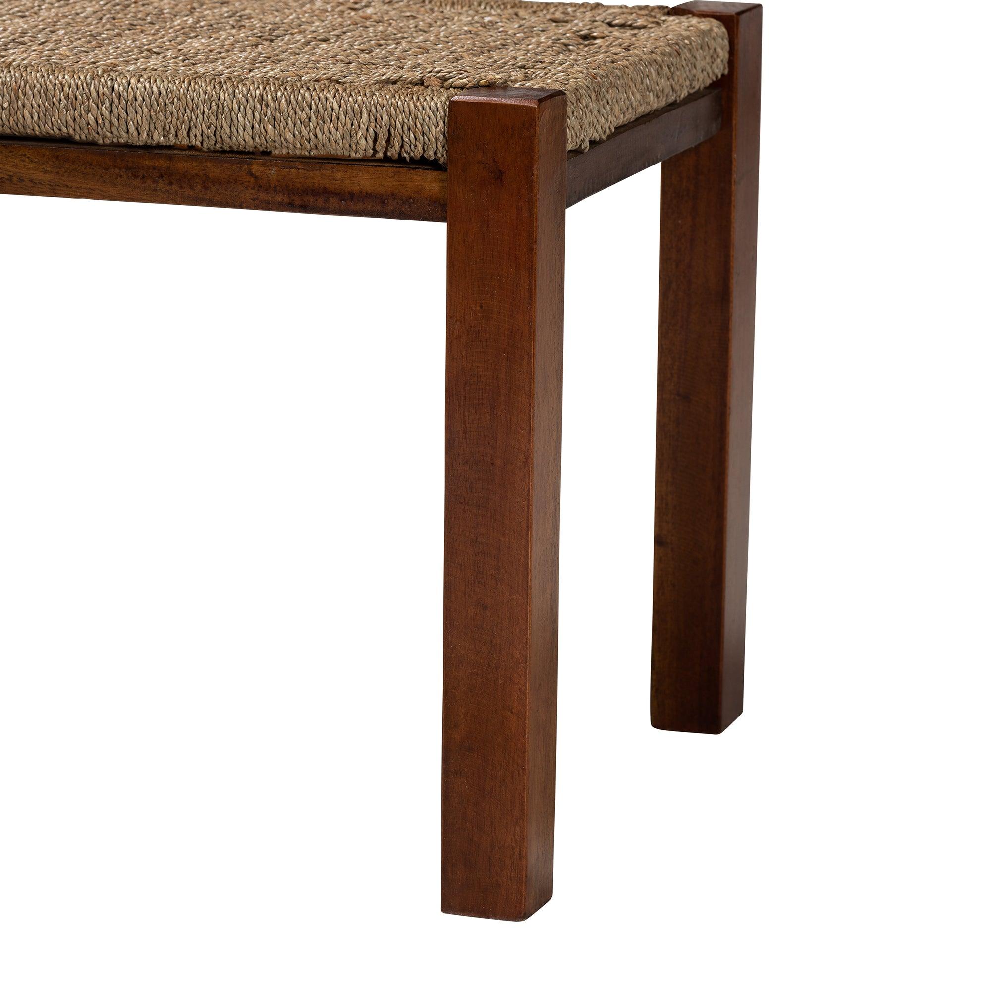 bali & pari Hermes Mid-Century Modern Transitional Seagrass and Mahogany Wood Bench