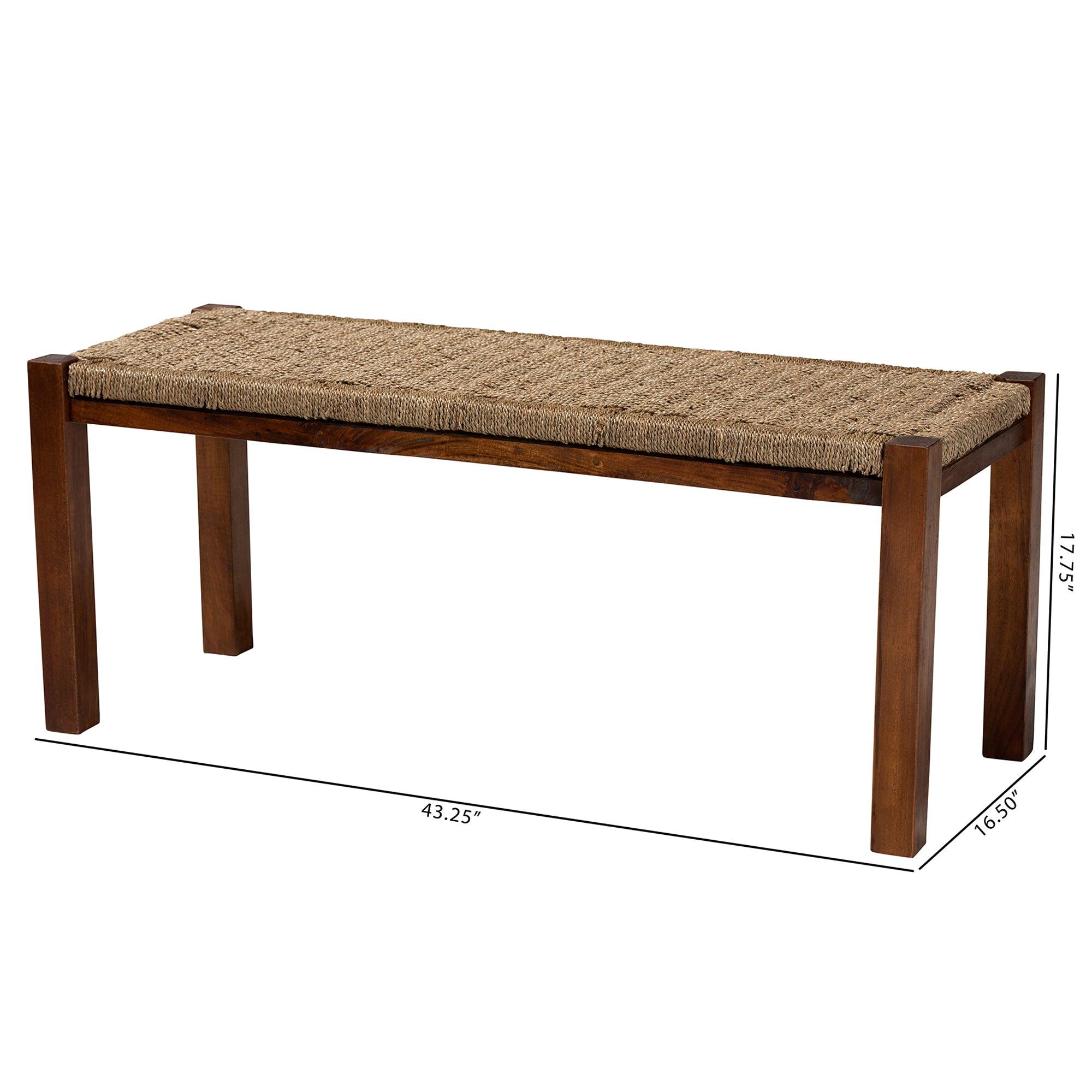 bali & pari Hermes Mid-Century Modern Transitional Seagrass and Mahogany Wood Bench