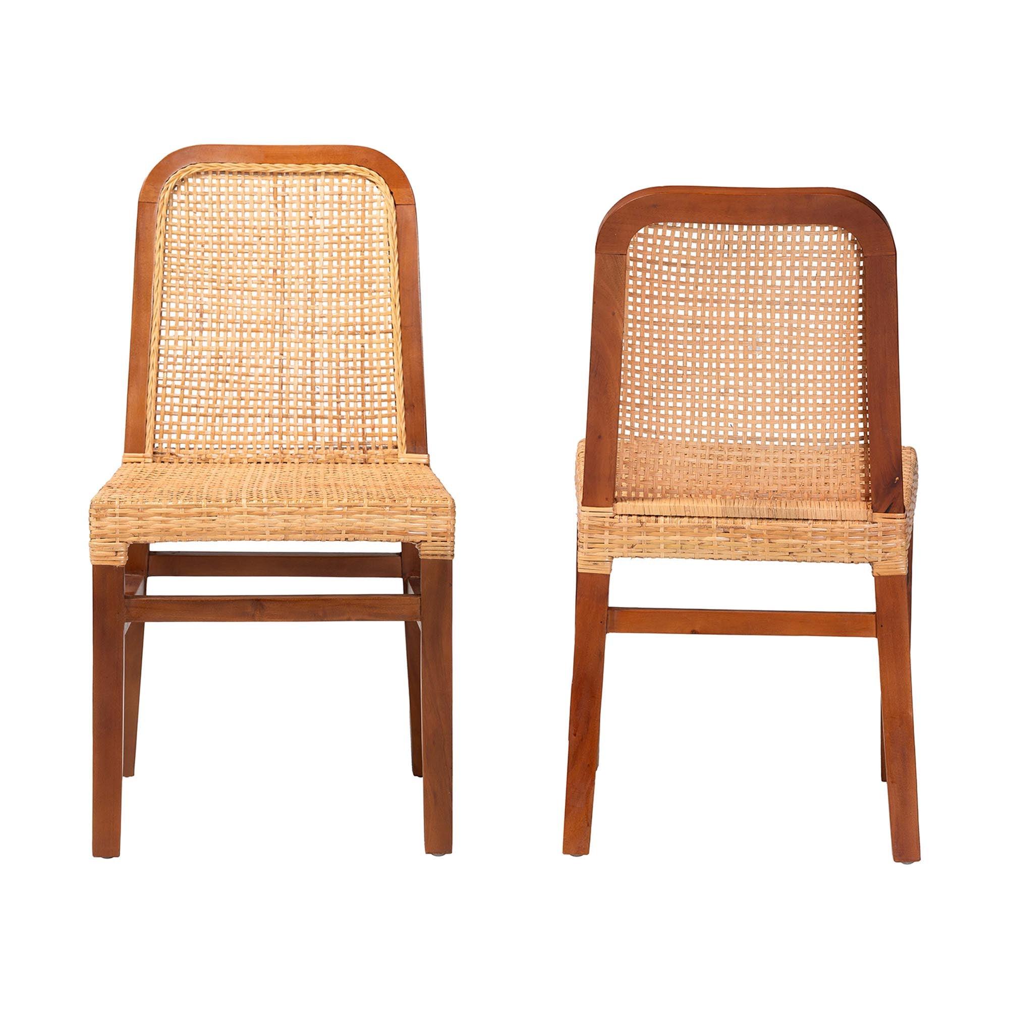 bali & pari Caspia Mid-Century Modern Mahogany Wood and Rattan 2-Piece Dining Chair Set