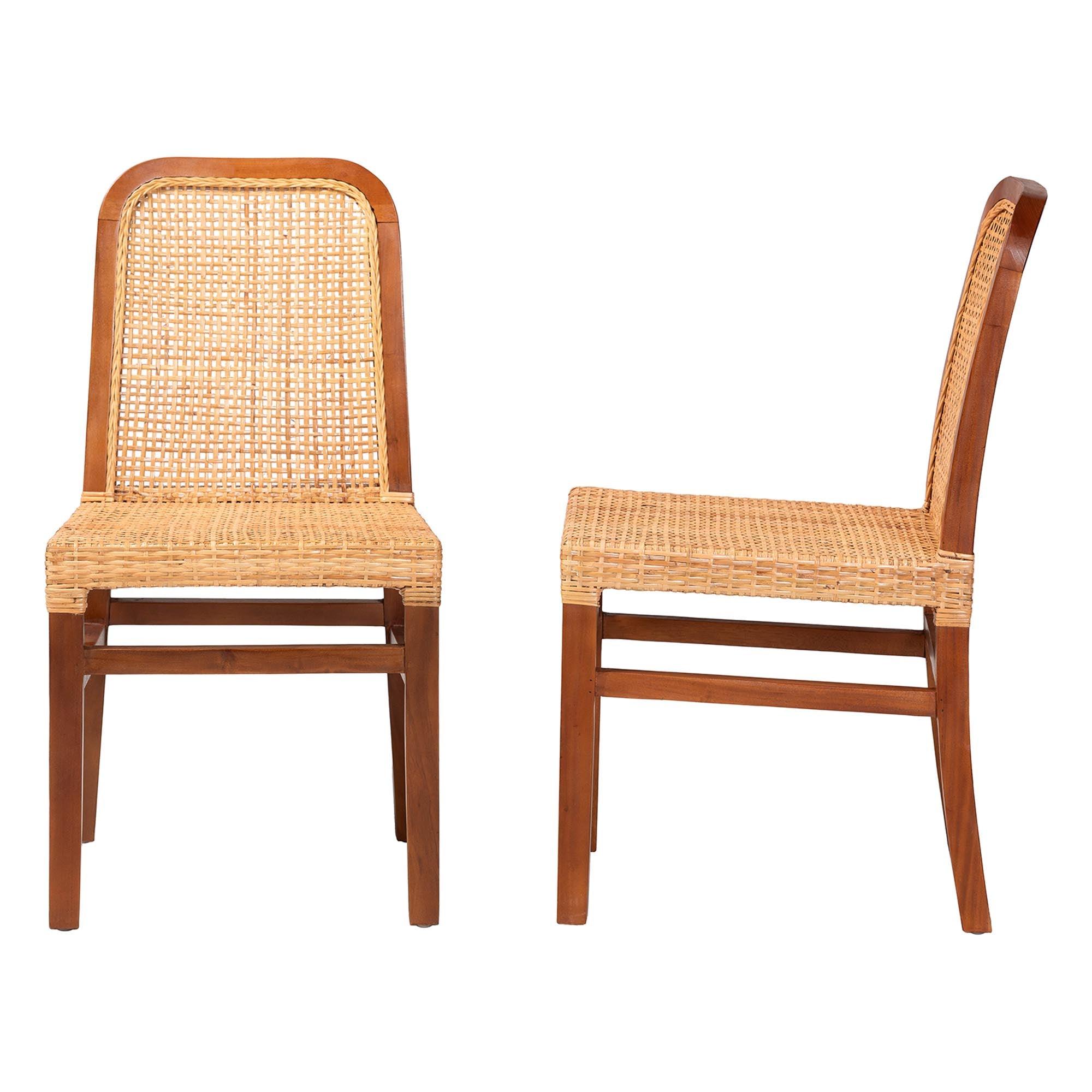 bali & pari Caspia Mid-Century Modern Mahogany Wood and Rattan 2-Piece Dining Chair Set