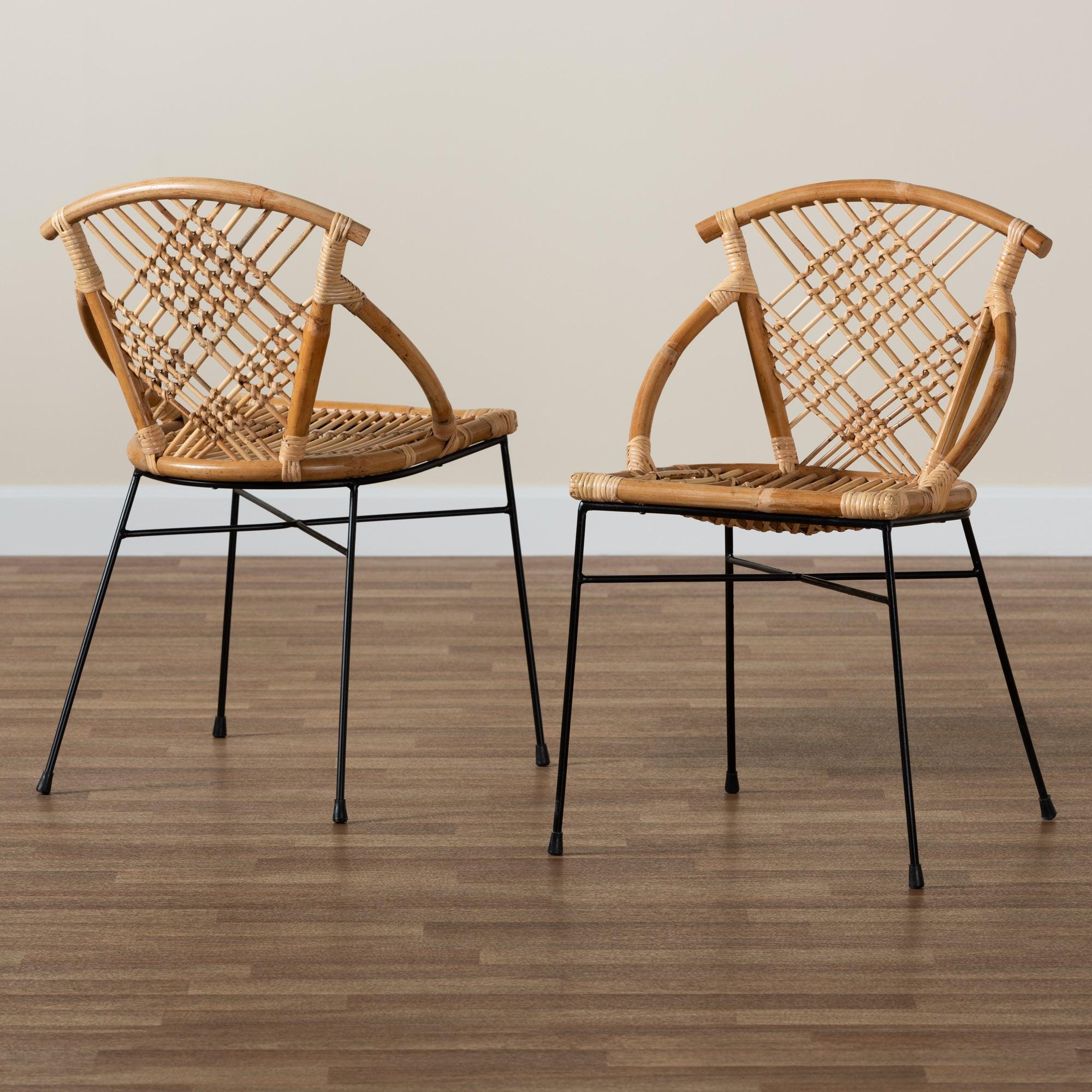 bali & pari Pro Modern Bohemian Rattan and Metal 2-Piece Dining Chair Set