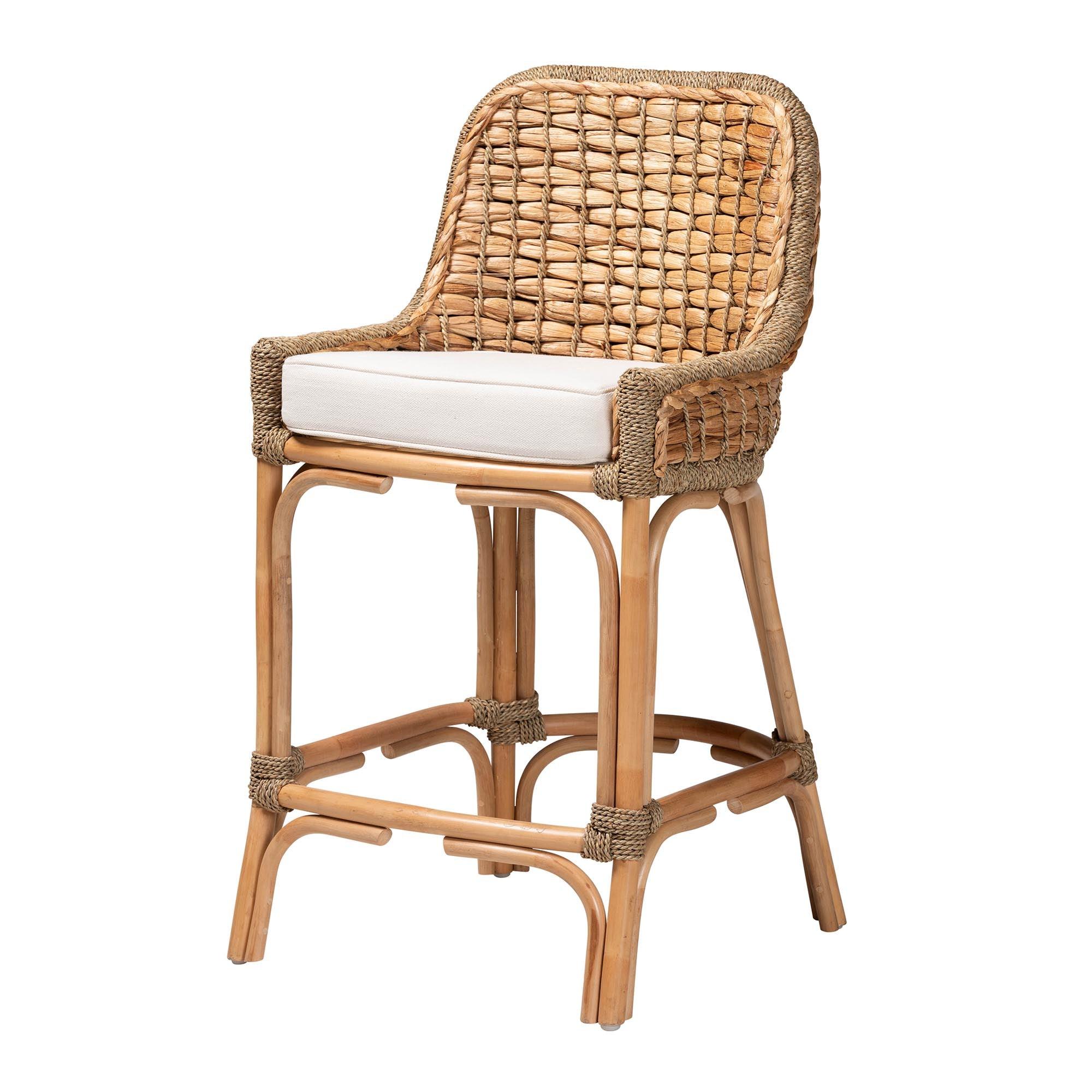 bali & pari Kyle Modern Bohemian Woven Rattan Counter Stool with Cushion