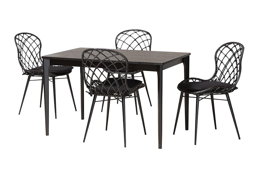 Sabelle Modern Bohemian Finished Wood and Rattan 5-Piece Dining Set