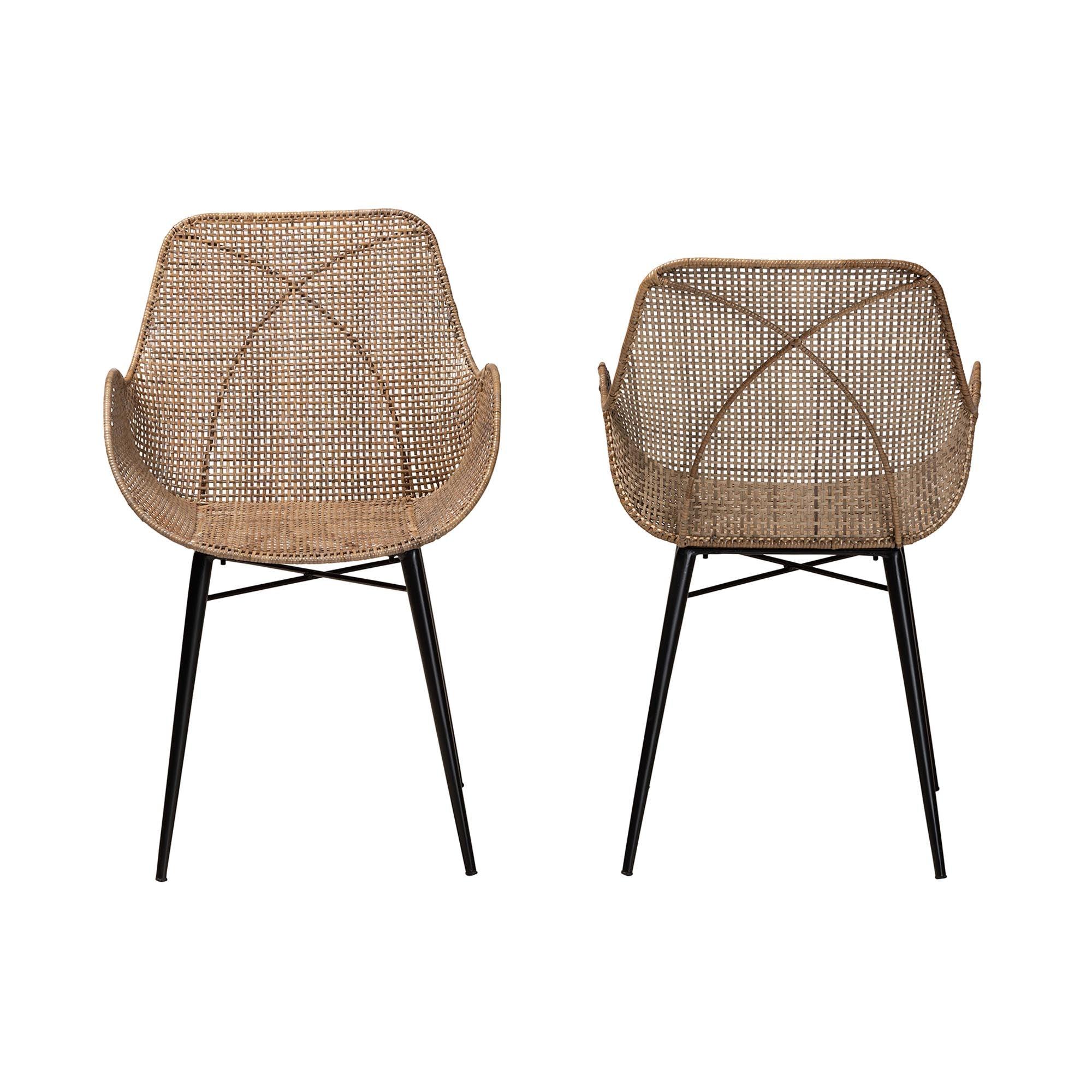 bali & pari Ballerina Modern Bohemian washed Rattan and Metal 2-Piece Dining Chair Set