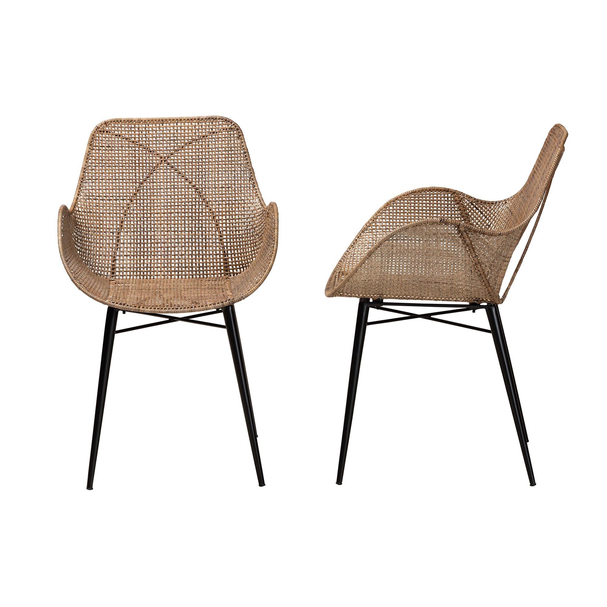 bali & pari Ballerina Modern Bohemian washed Rattan and Metal 2-Piece Dining Chair Set