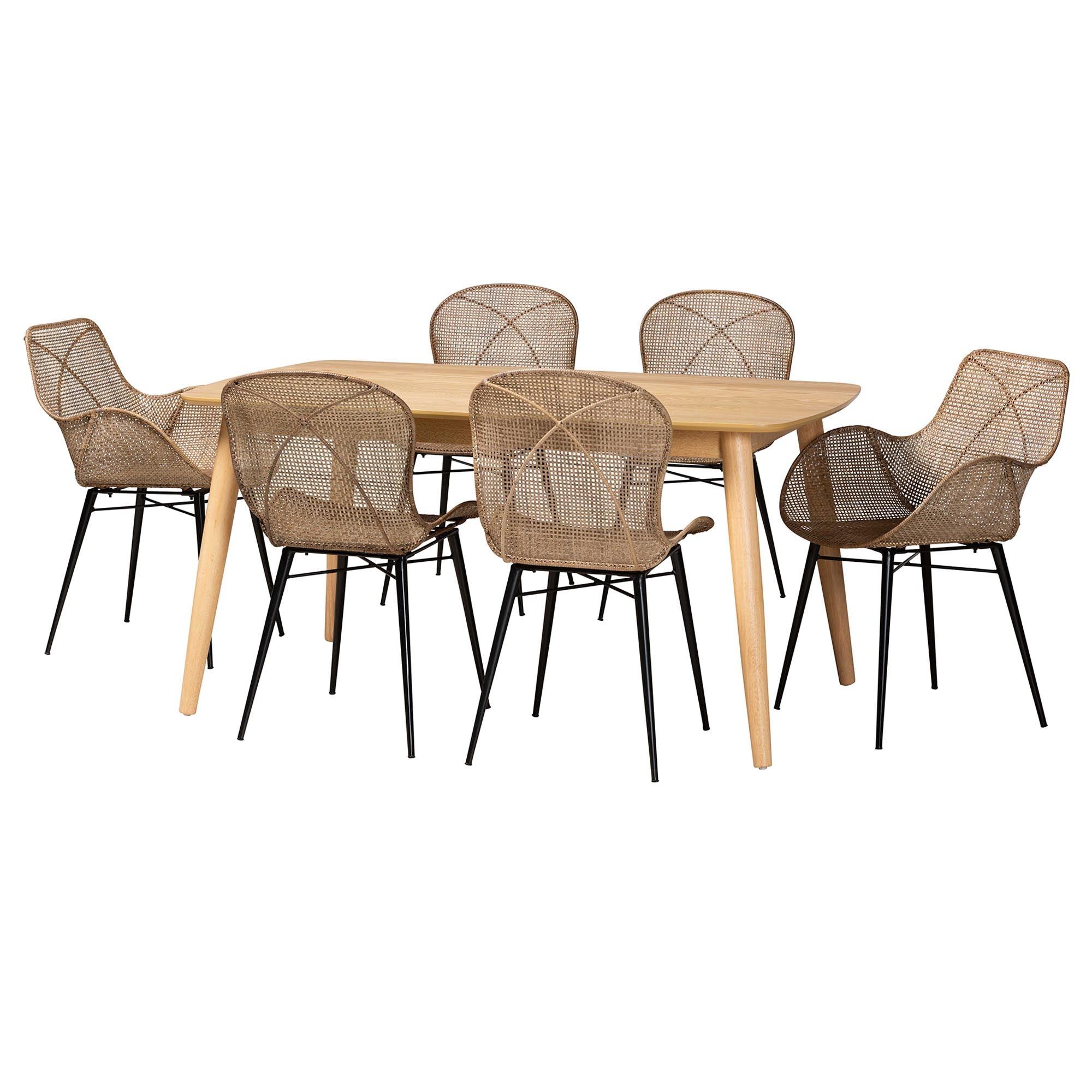 Emmali Modern Bohemian washed Rattan and Finished Wood 7-Piece Dining Set