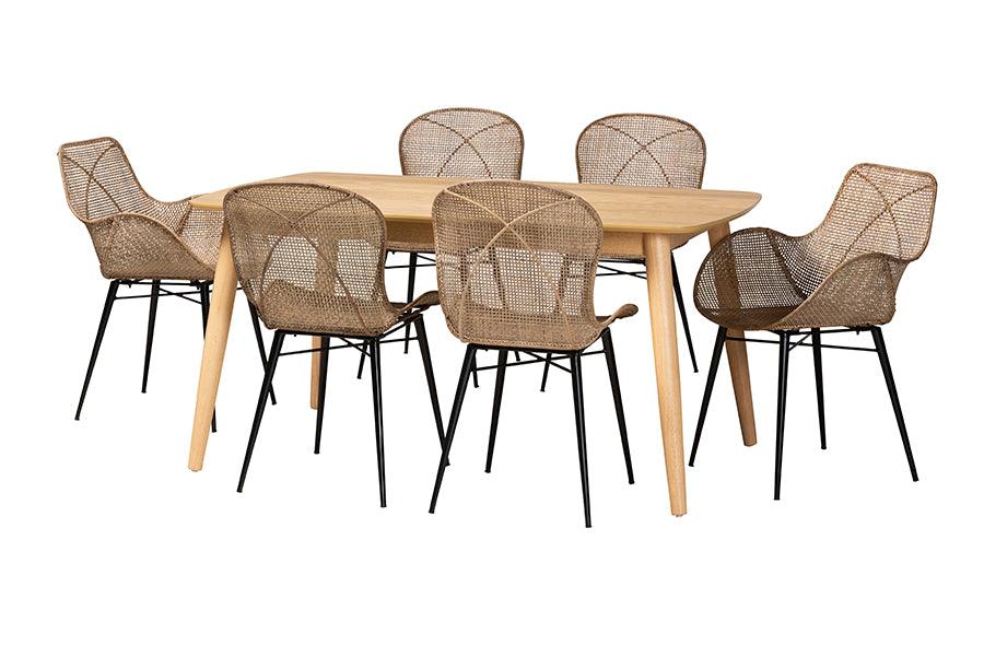 Emmali Modern Bohemian washed Rattan and Finished Wood 7-Piece Dining Set