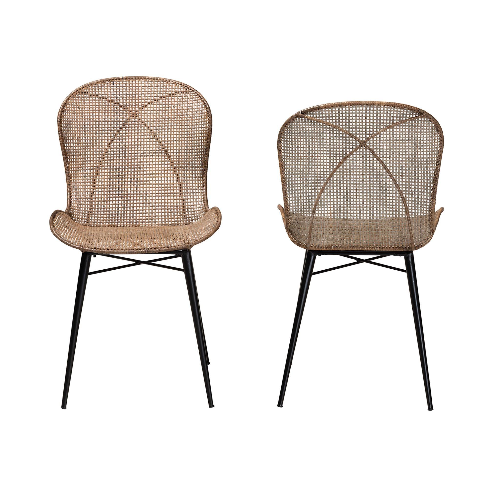 bali & pari Sabelle Japandi washed Rattan and Metal 2-Piece Dining Chair Set