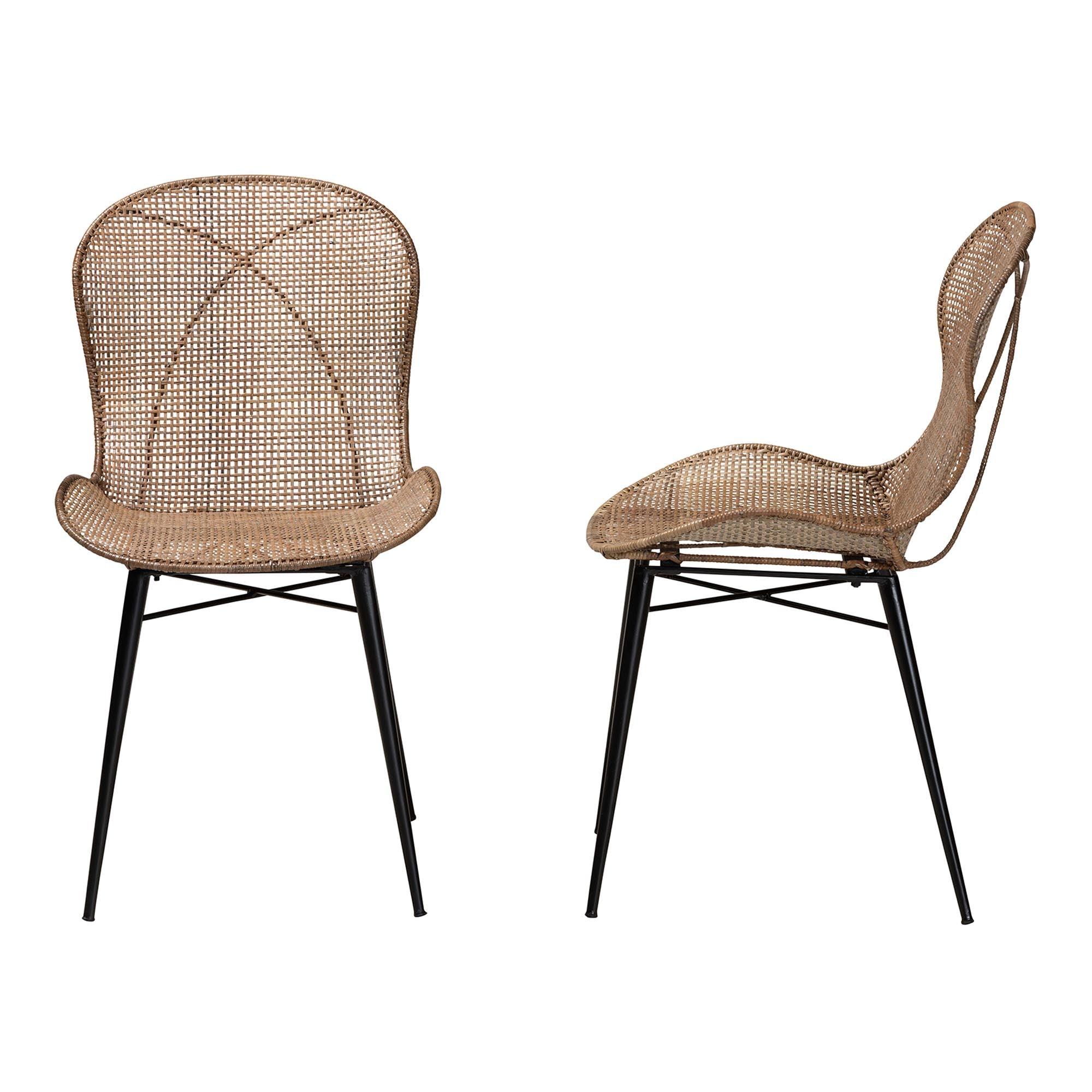 bali & pari Sabelle Japandi washed Rattan and Metal 2-Piece Dining Chair Set