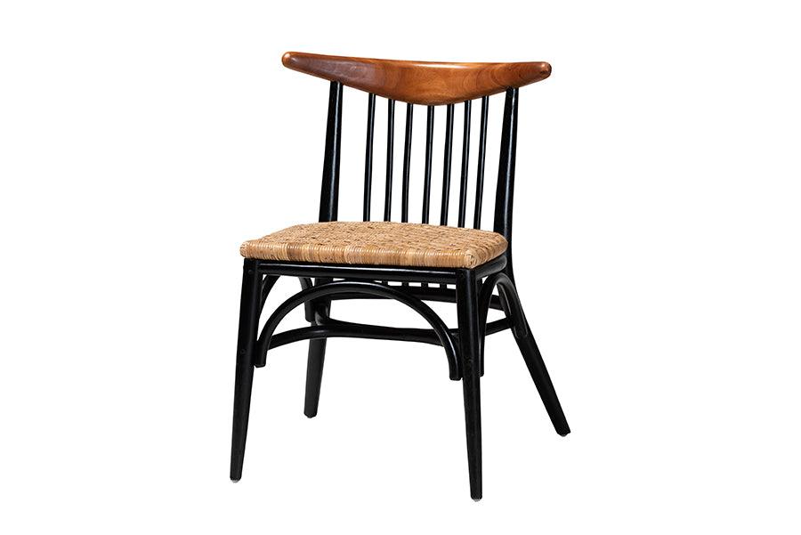 bali & pari Parthenia Mid-Century Modern Two-Tone and Finished Mahogany Wood and Rattan Dining Chair