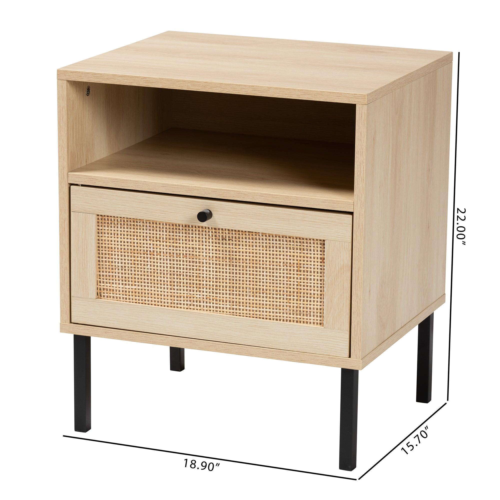 Caterina Mid-Century Modern Transitional Finished Wood and Rattan 1-Door End Table